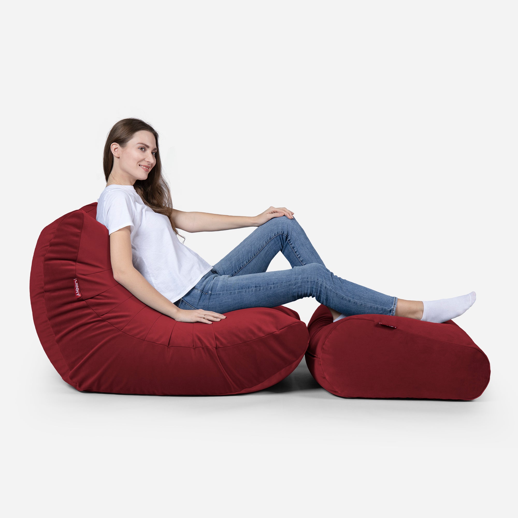 Beanbag Curvy Design Red color with girl seating on it