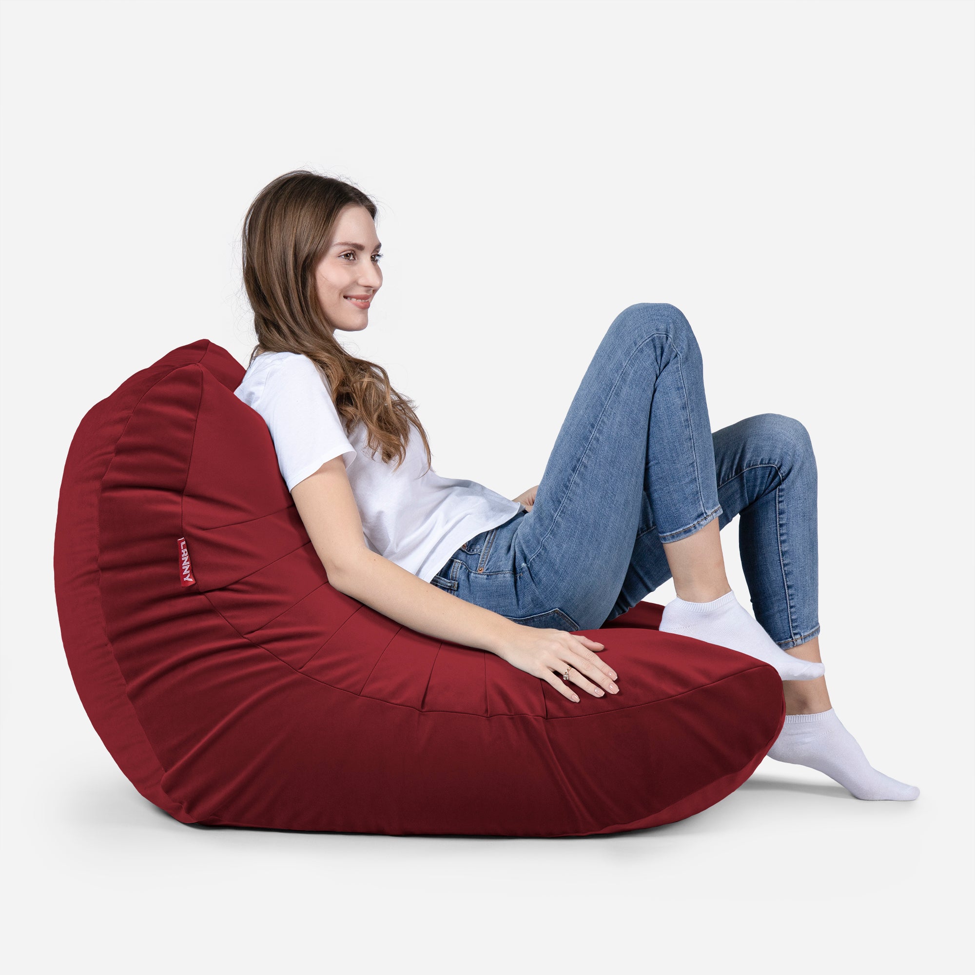 Beanbag Curvy Design Red color with girl seating on it