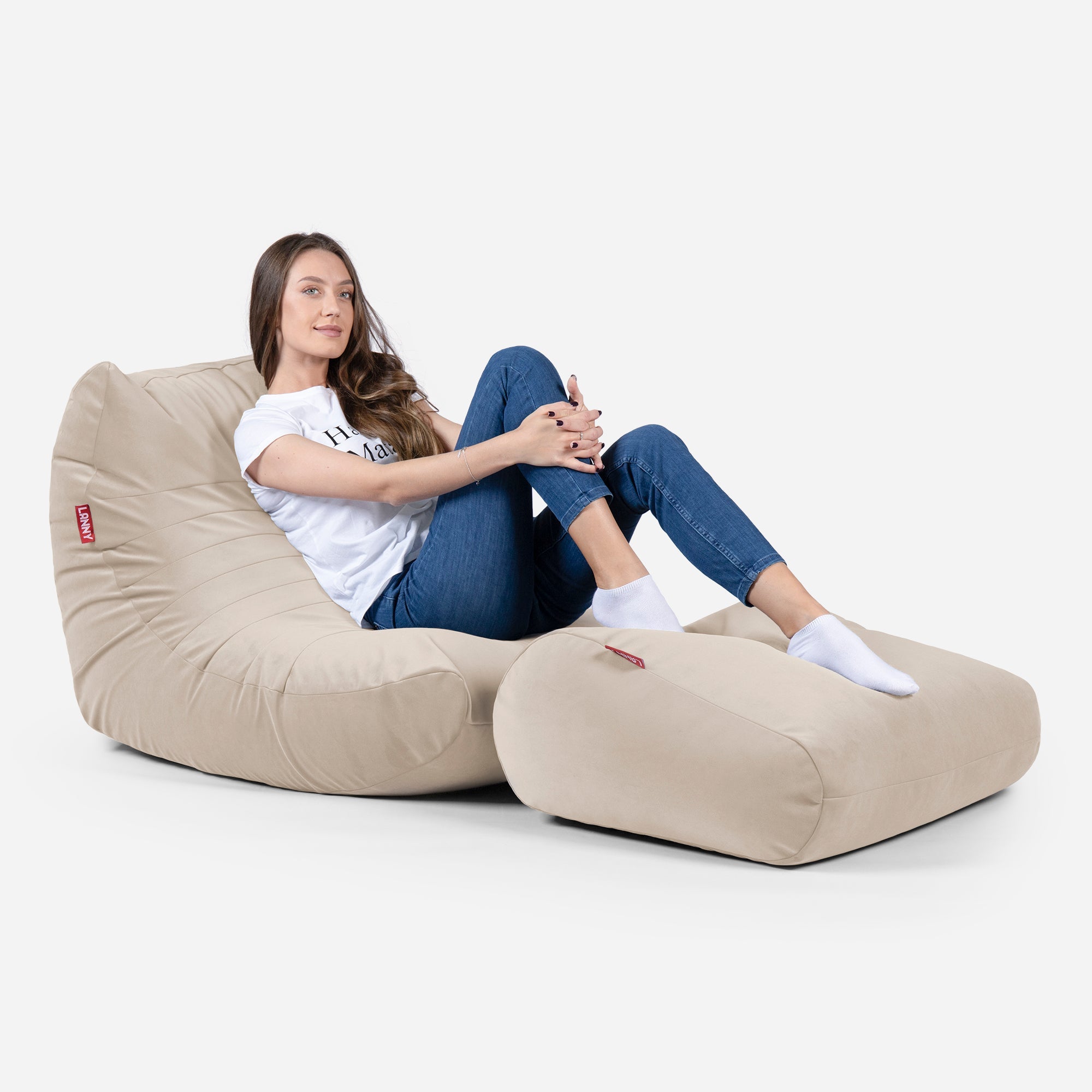Curvy Velvet Beige Bean bag Chair & Footrest Set - Lanny Beanbag - Bean Bag Chairs