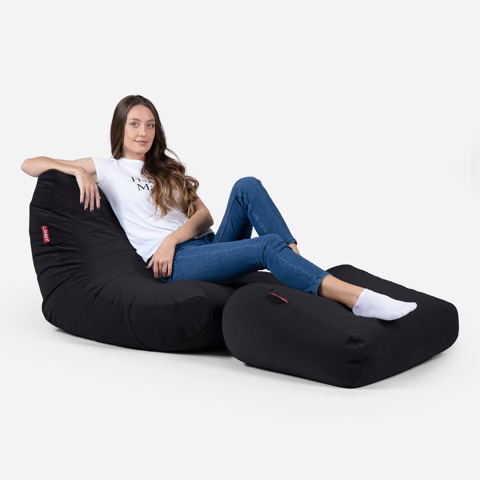Curvy Velvet Black Bean bag Chair & Footrest Set - Lanny Beanbag - Bean Bag Chairs