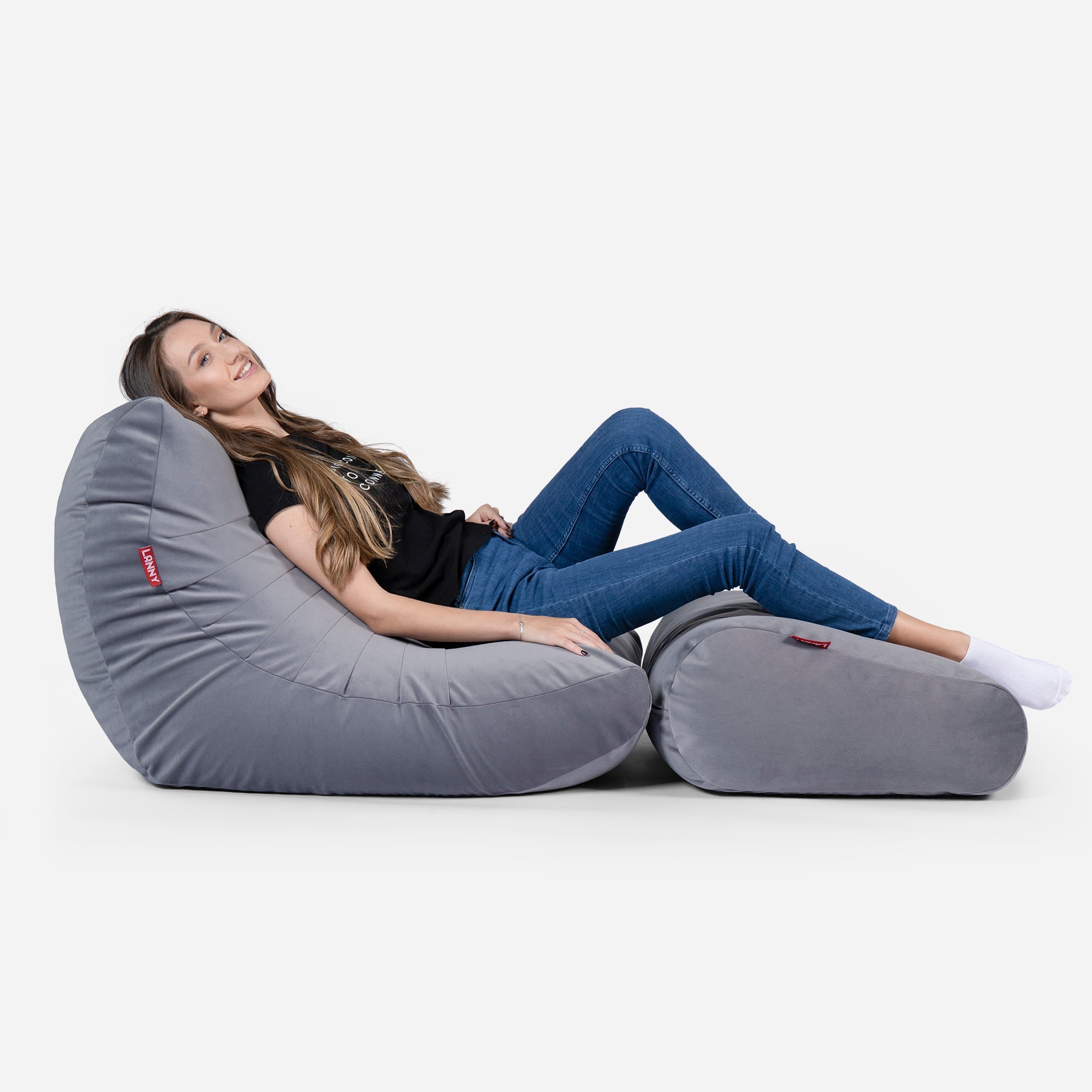Curvy Velvet Gray Bean bag Chair & Footrest Set - Lanny Beanbag - Bean Bag Chairs