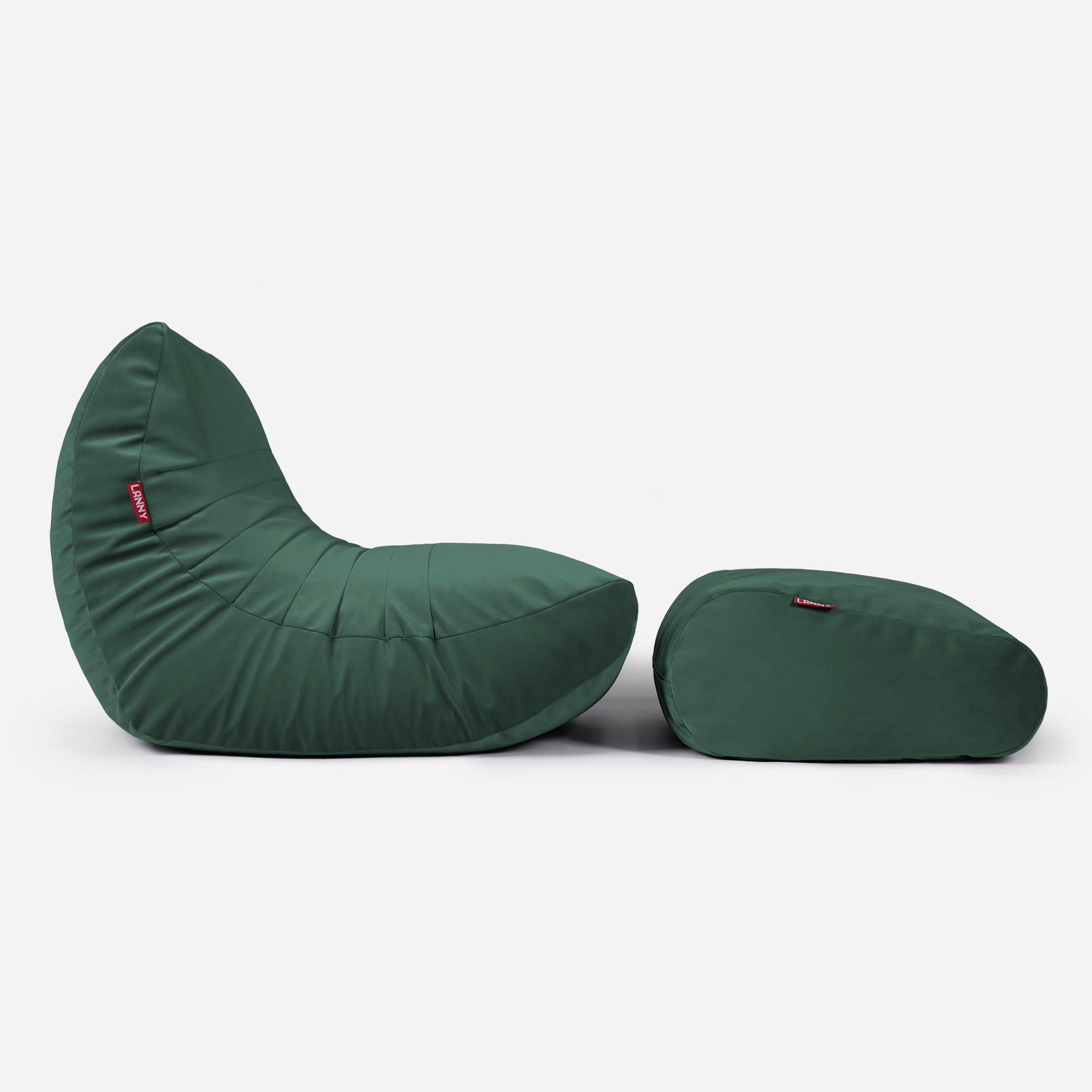 Curvy Velvet Green Bean bag Chair & Footrest Set - Lanny Beanbag - Bean Bag Chairs