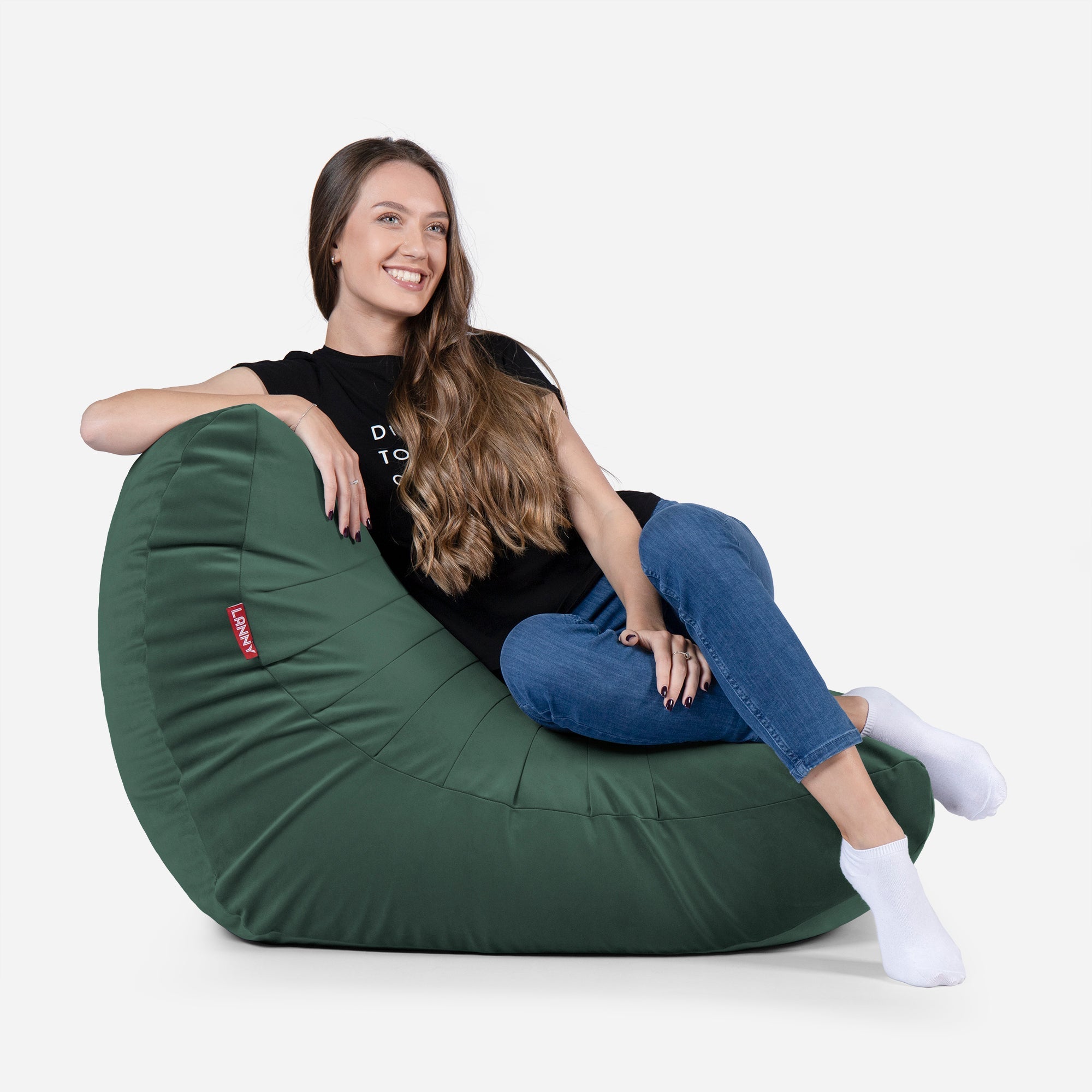 Curvy Velvet Green Bean bag Chair & Footrest Set - Lanny Beanbag - Bean Bag Chairs