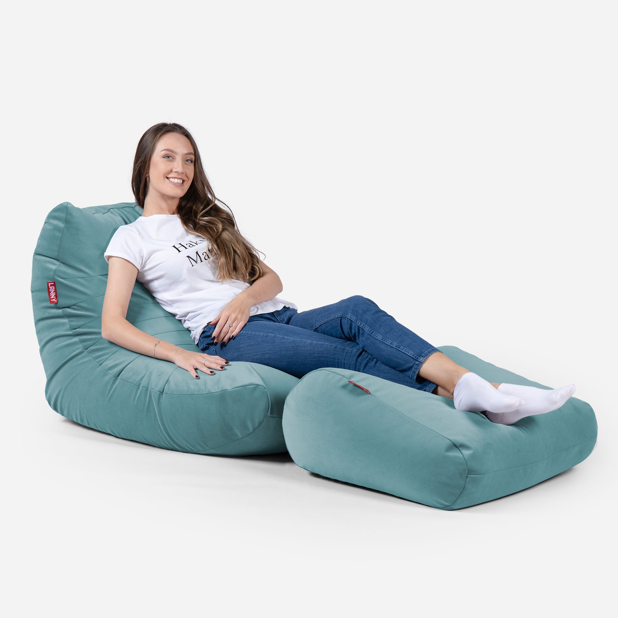 Curvy Velvet Turquoise Bean bag Chair & Footrest Set - Lanny Beanbag - Bean Bag Chairs