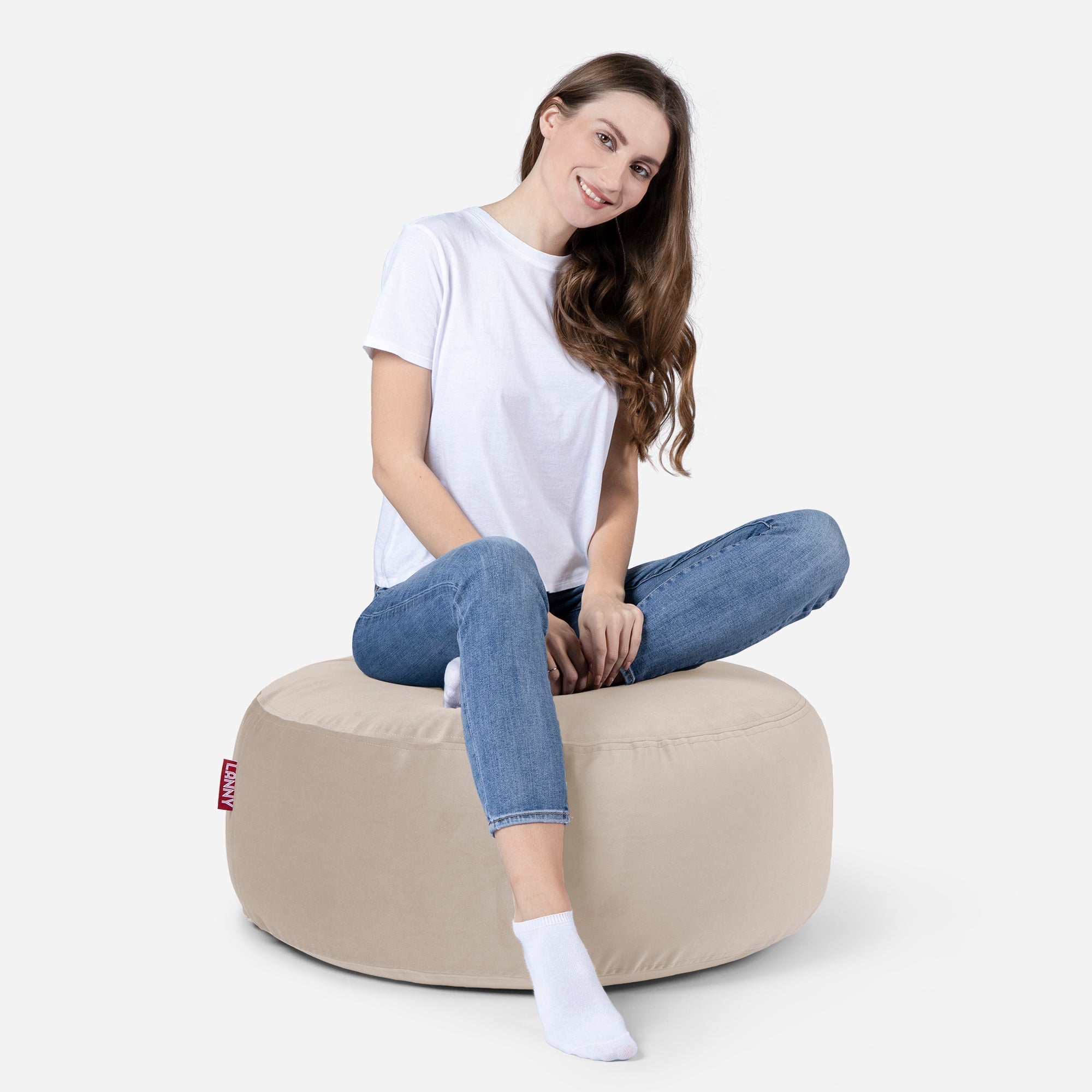 Short Velvet Beige Pouf - Lanny Beanbag - Ottomans