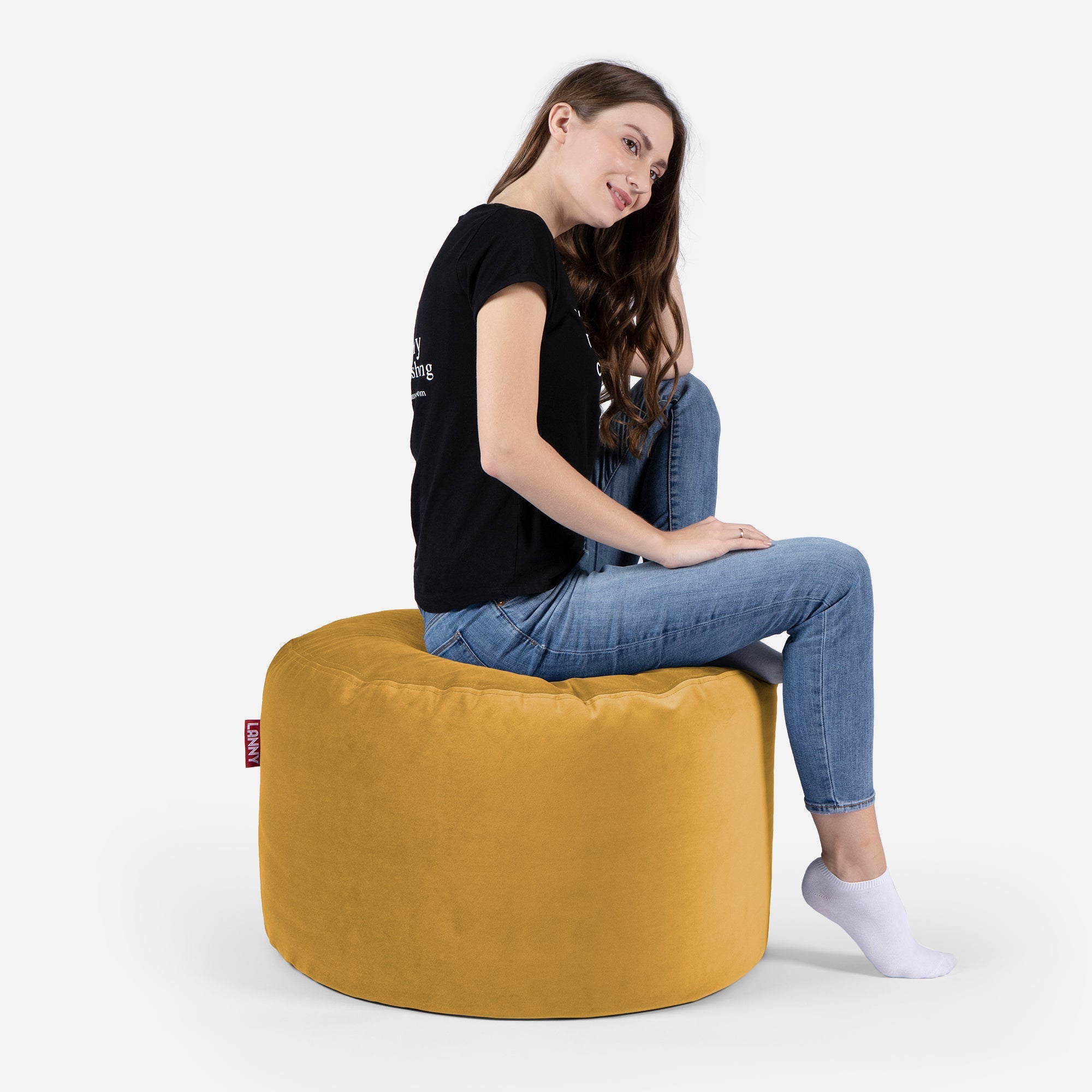 Pouf, Ottoman Mustard color with girl seating on it