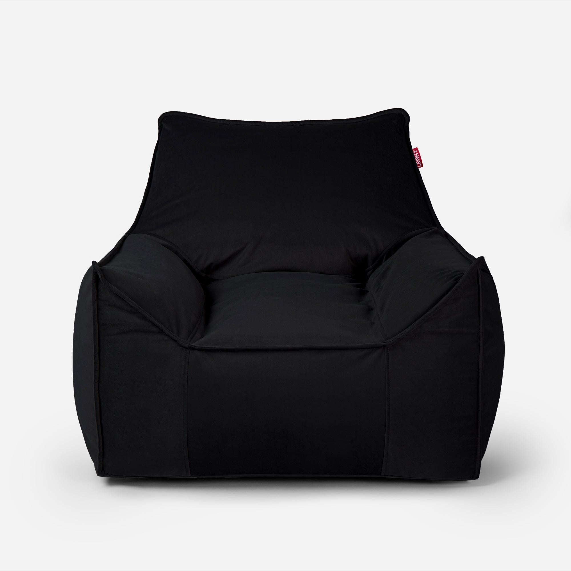 Midnight Black Lanny Uno structured velvet bean bag chair front view.