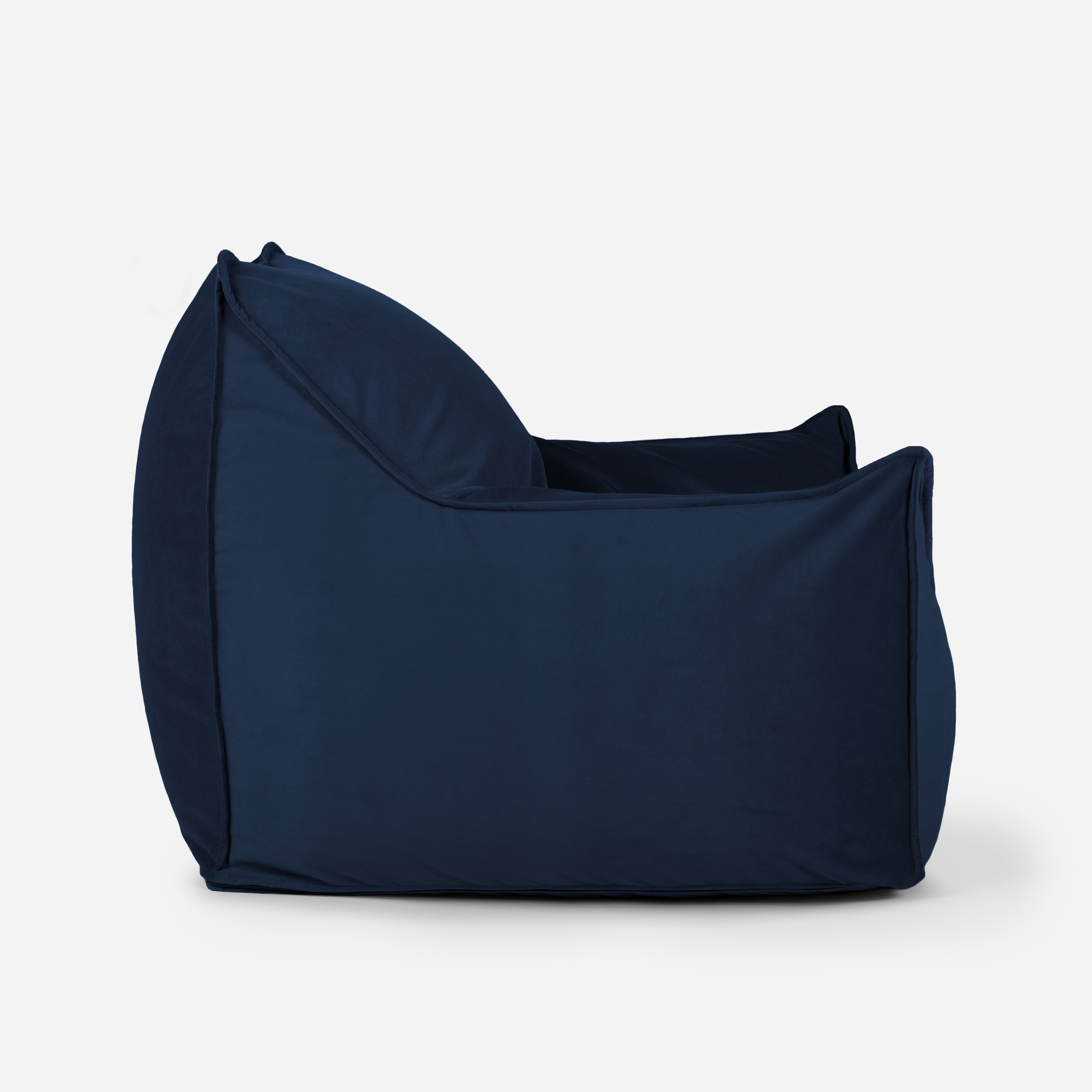 Blue velvet Lanny Uno structured bean bag showing ergonomic side profile and support.