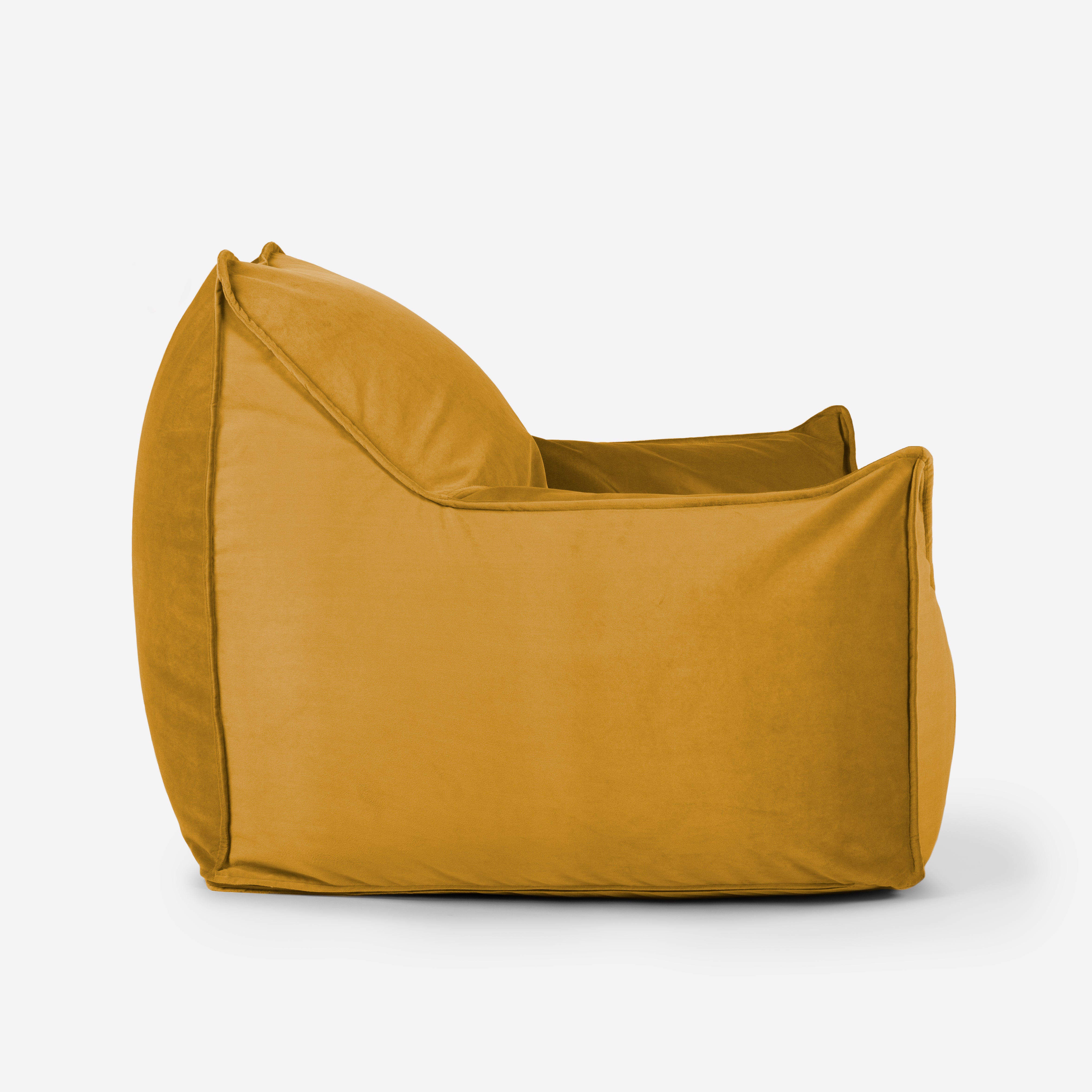 Mustard velvet Lanny Uno structured bean bag showing ergonomic side profile and support.