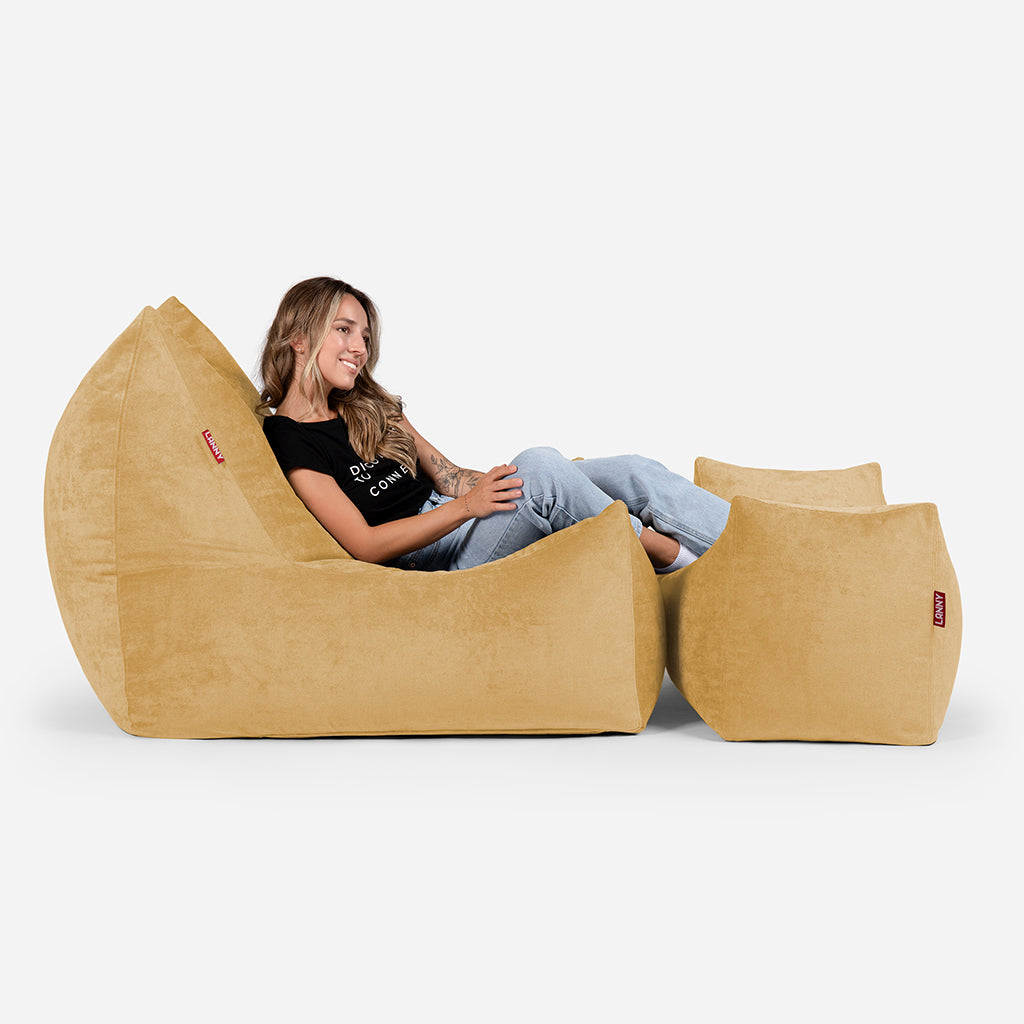 Lanny Chenille Quadro Bean bag Chair & Footrest Set - Mustard