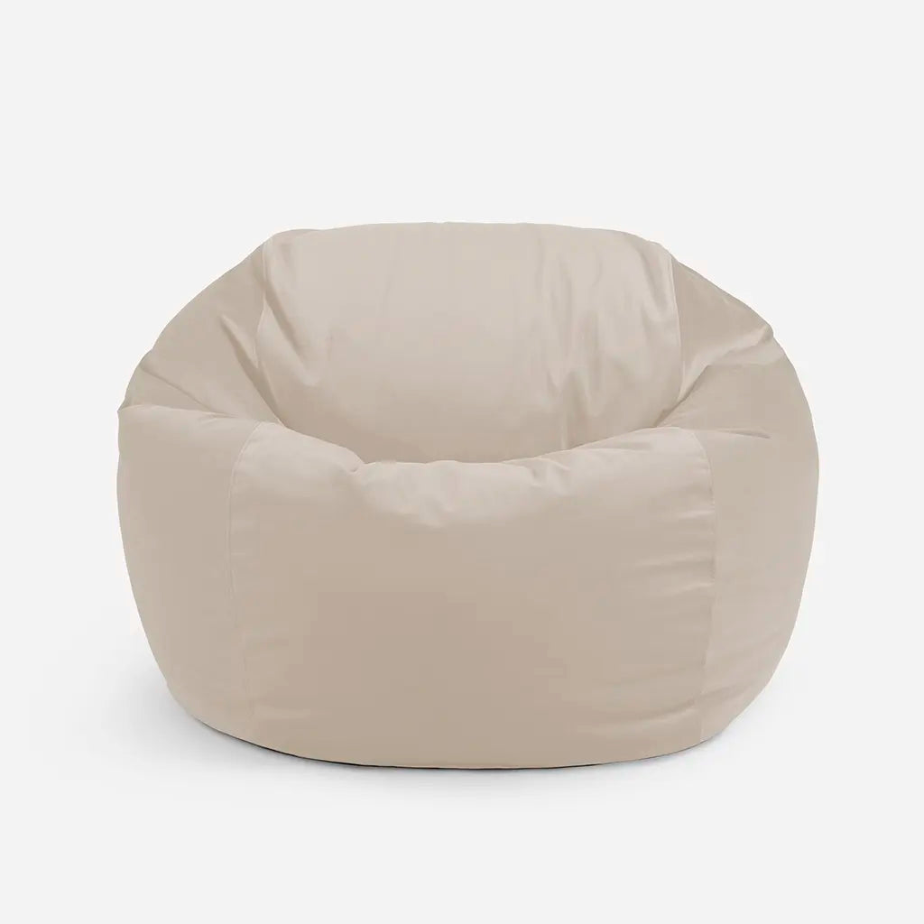 Lanny Sphere beige oversized bean bag chair, full front view, highlighting the structured, high back design for superior comfort