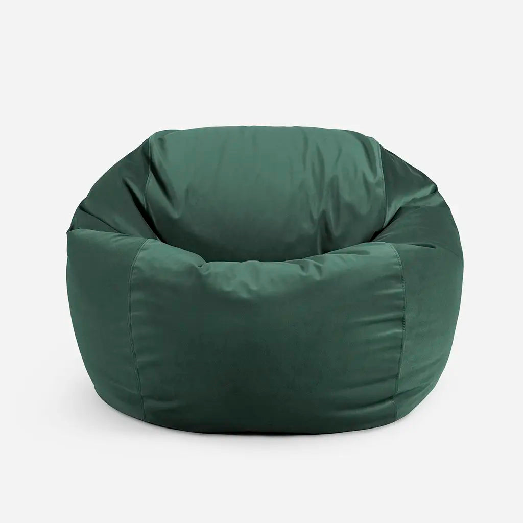 Lanny Sphere green oversized bean bag chair, full front view, highlighting the structured, high back design for superior comfort