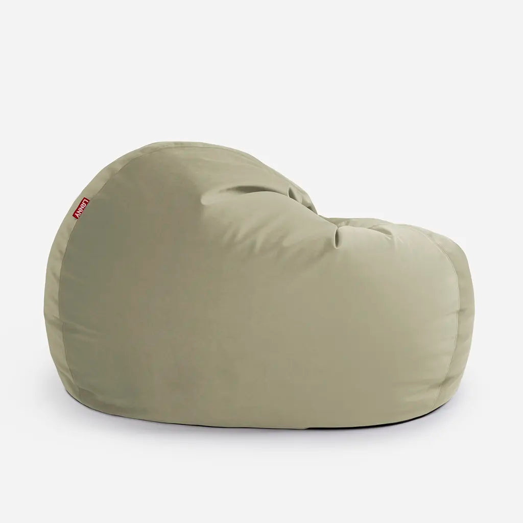 Lanny Sphere khaki green oversized seating for adults, showcasing the curved base and premium velvet fabric quality