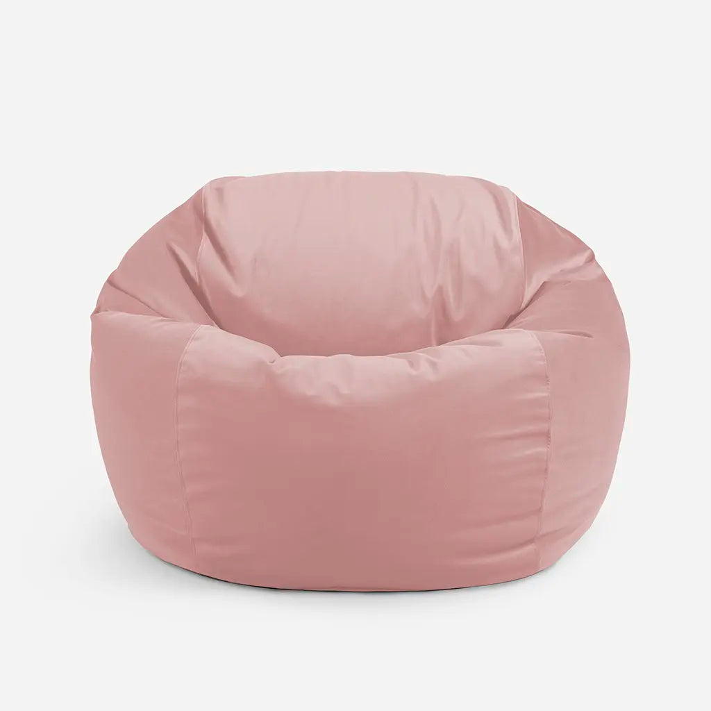 Lanny Sphere pink oversized bean bag chair, full front view, highlighting the structured, high back design for superior comfort