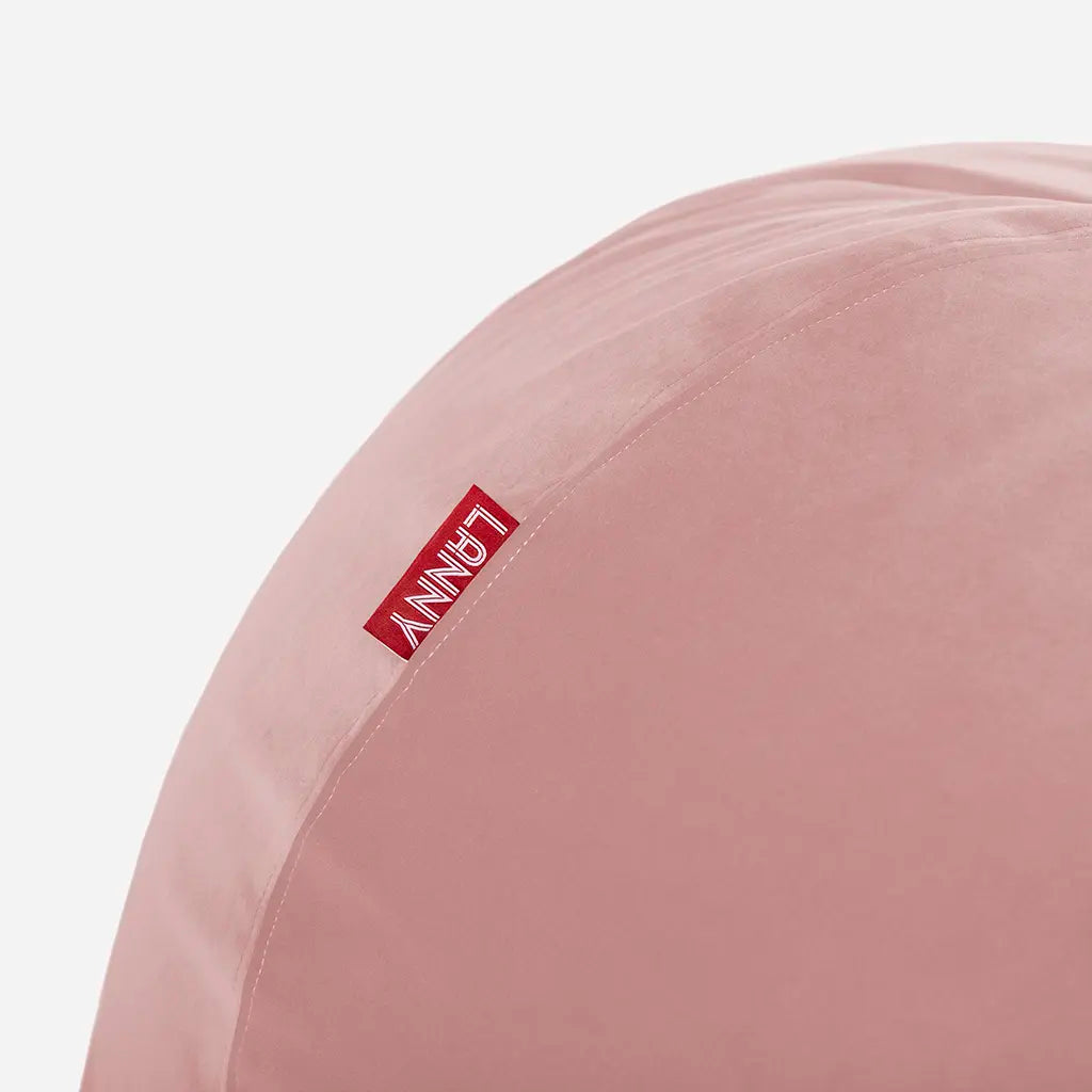 Close-up detail of the Lanny red brand tag and the ultra-soft texture of the pink velvet bean bag fabric