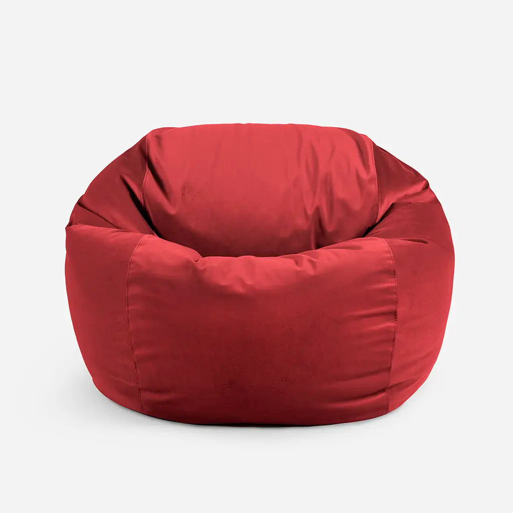 Lanny Sphere red oversized bean bag chair, full front view, highlighting the structured, high back design for superior comfort