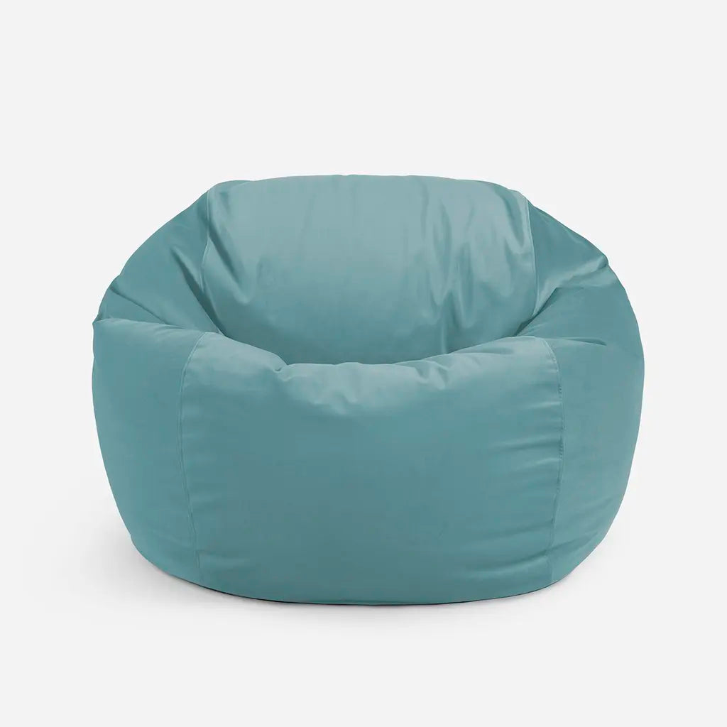 Lanny Sphere Turquoise Blue oversized bean bag chair, full front view, highlighting the structured, high back design for superior comfort
