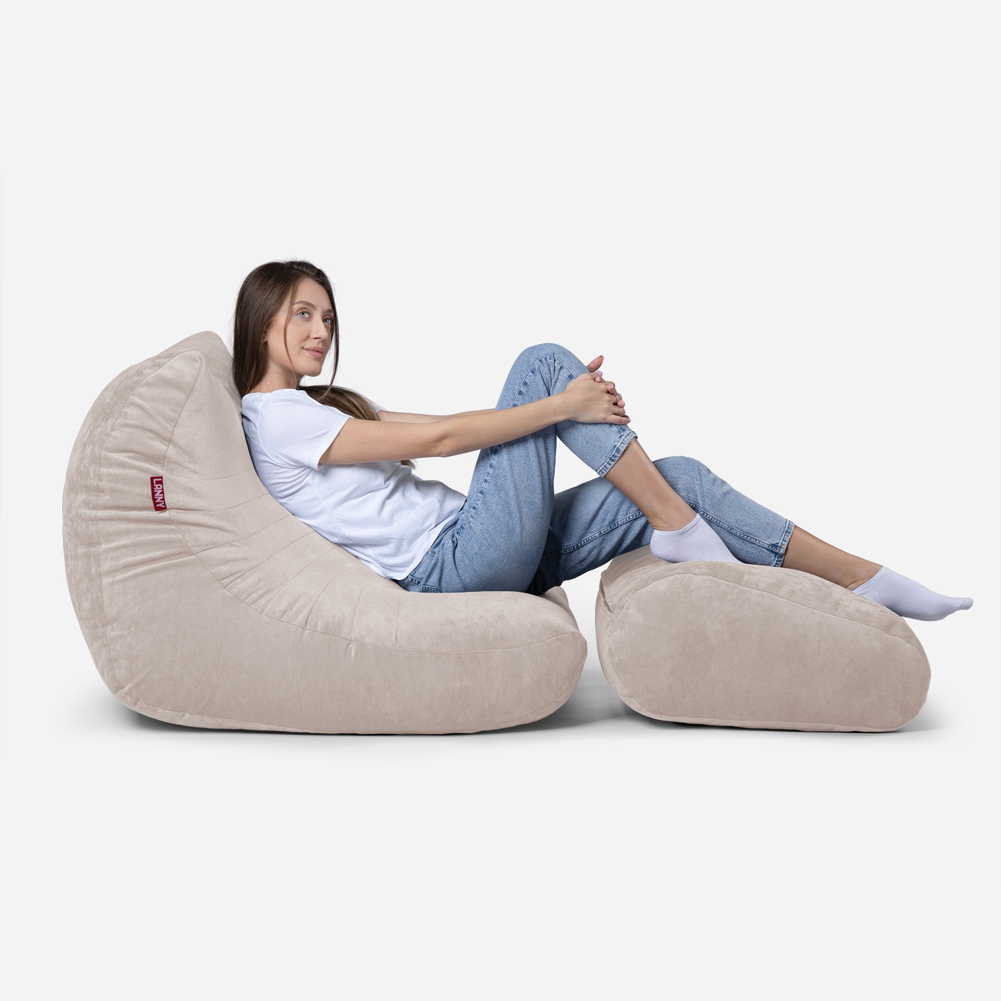Curvy Aldo Beige Bean Bag Chair & Footrest Set - Lanny Beanbag - Bean Bag Chairs
