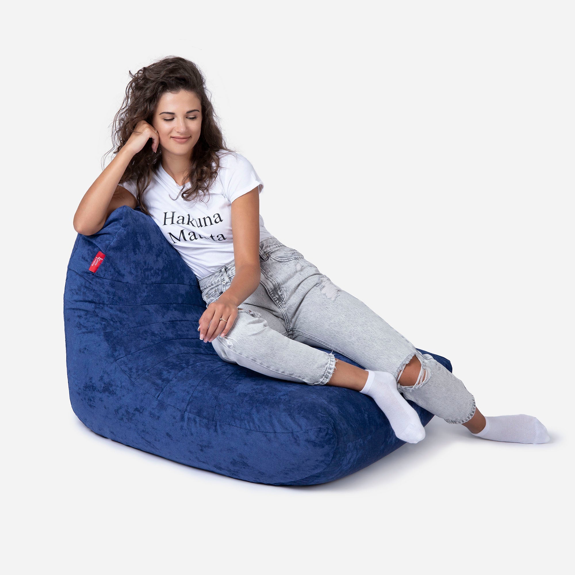 Curvy Aldo Blue Bean Bag Chair & Footrest Set - Lanny Beanbag - Bean Bag Chairs