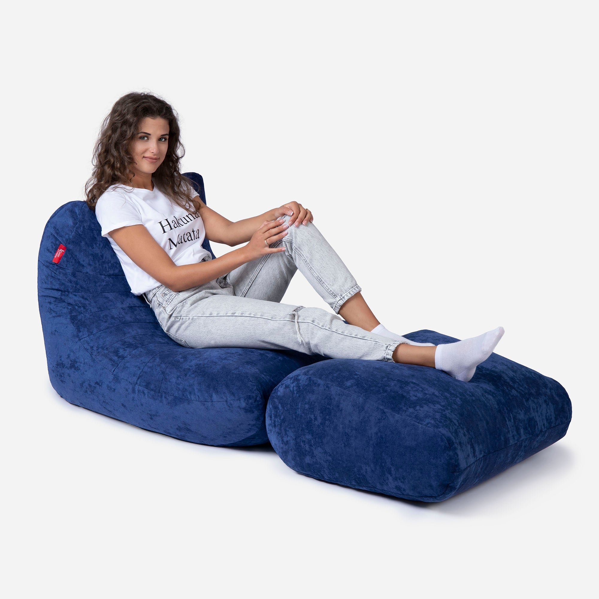 Curvy Aldo Blue Bean Bag Chair & Footrest Set - Lanny Beanbag - Bean Bag Chairs