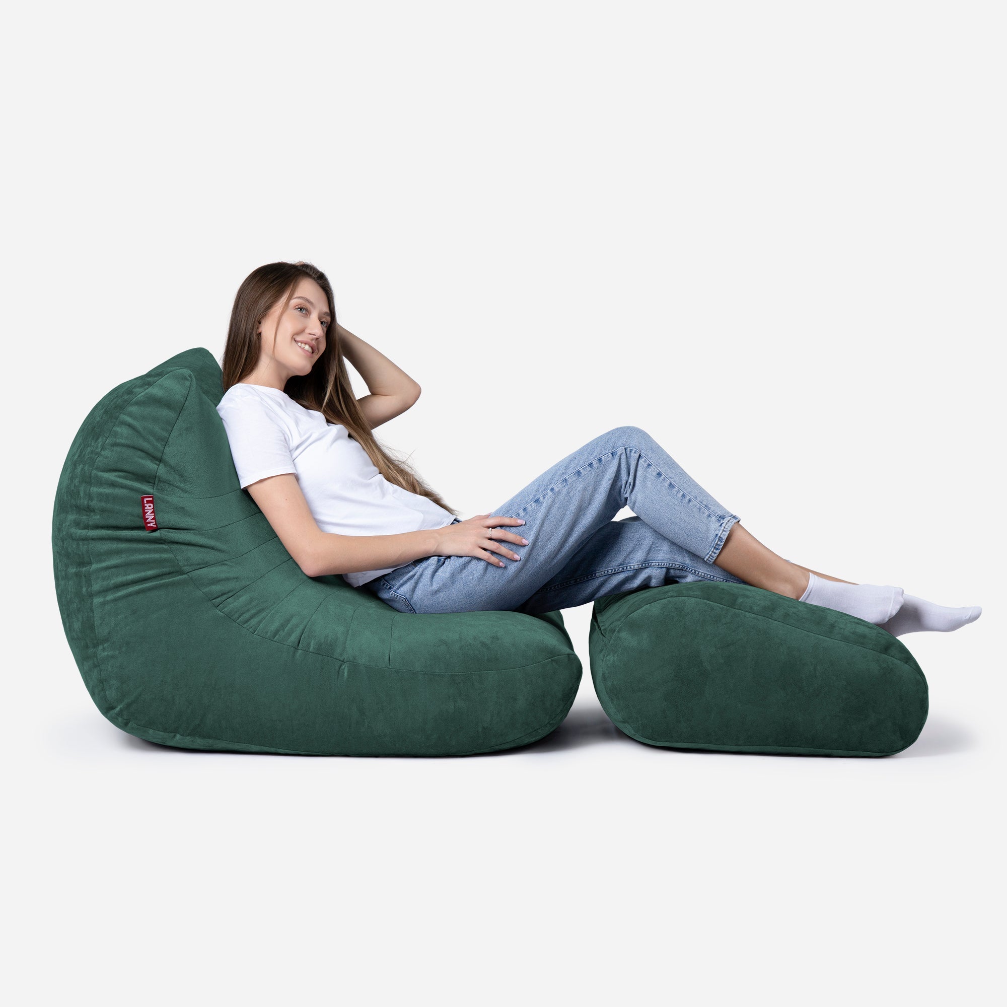 Curvy Aldo Green Bean Bag Chair & Footrest Set - Lanny Beanbag - Bean Bag Chairs