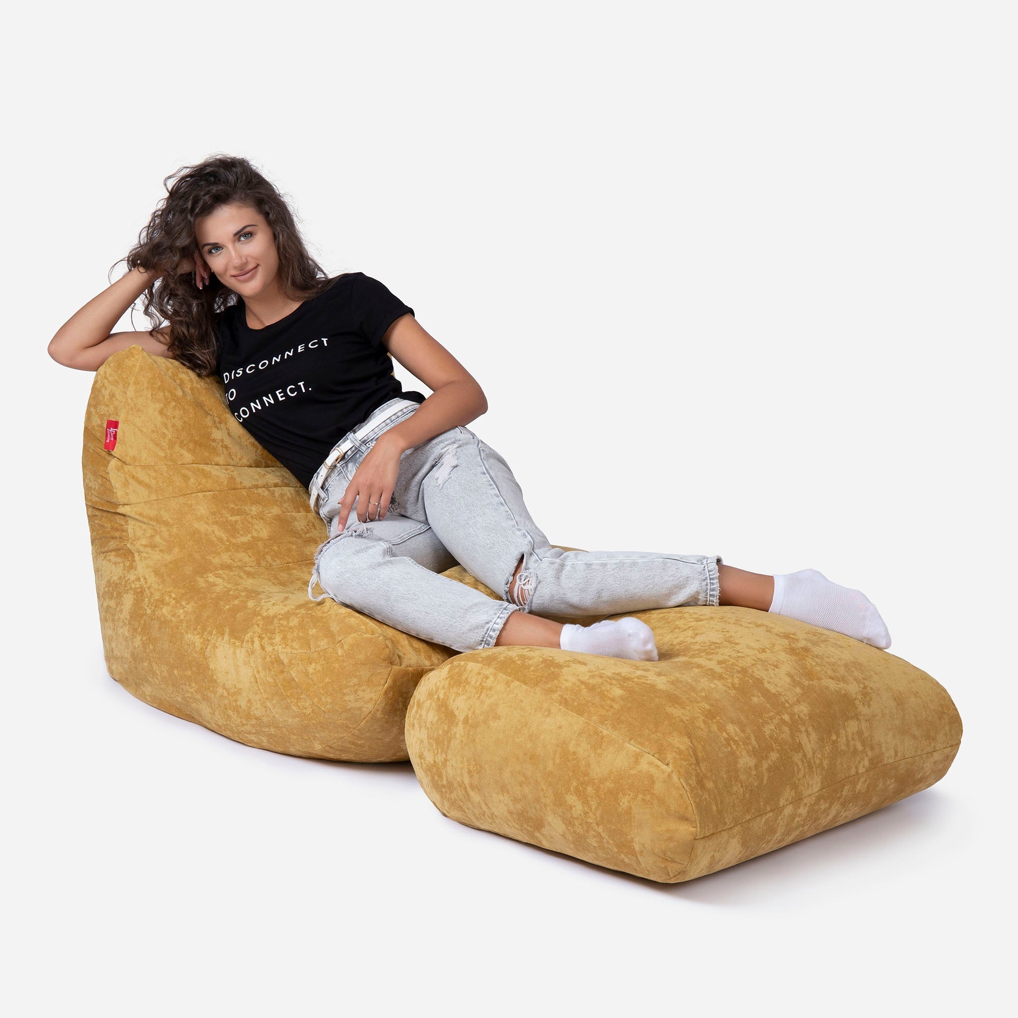 Curvy Aldo Mustard Bean Bag Chair & Footrest Set - Lanny Beanbag - Bean Bag Chairs