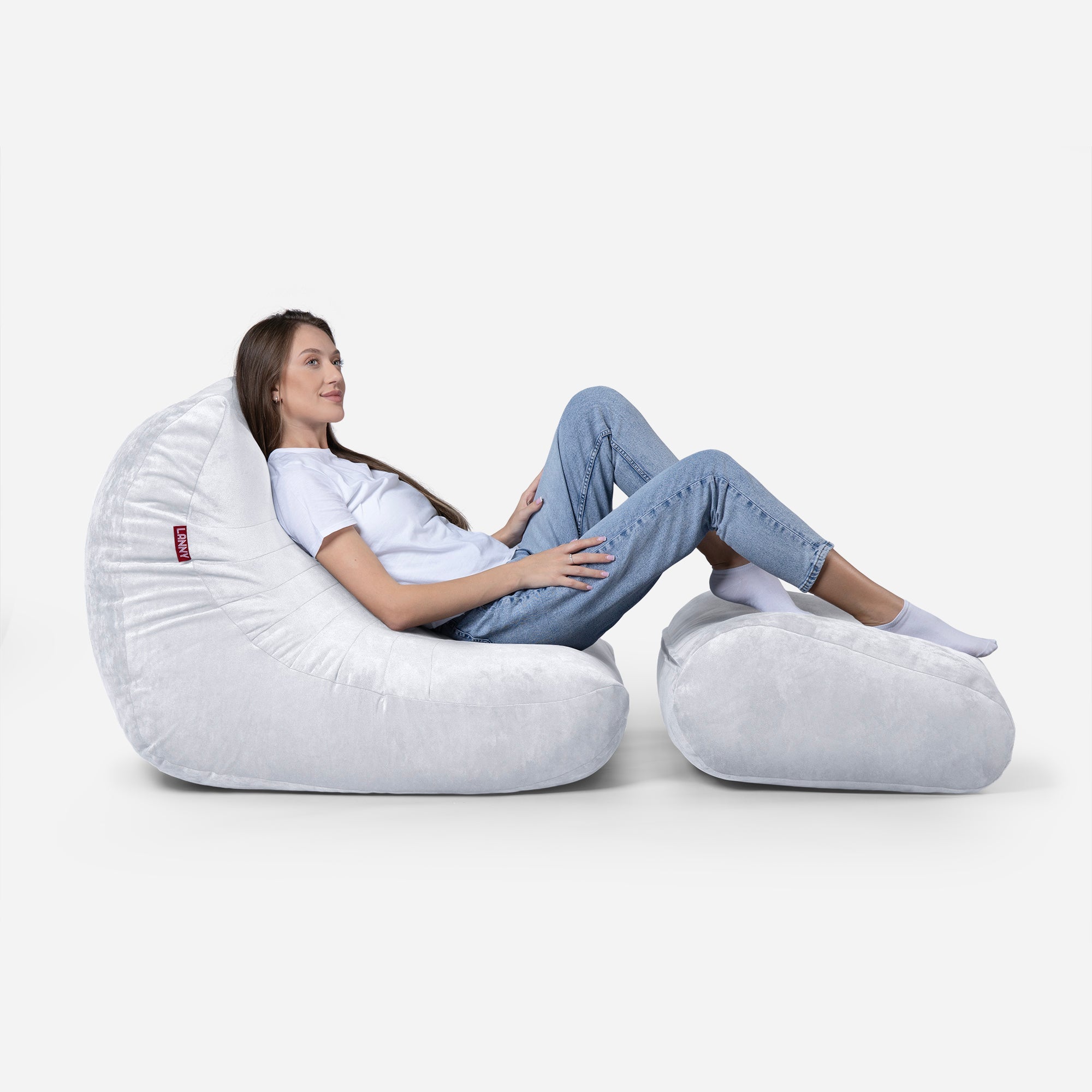 Curvy Aldo White Bean Bag Chair & Footrest Set - Lanny Beanbag - Bean Bag Chairs