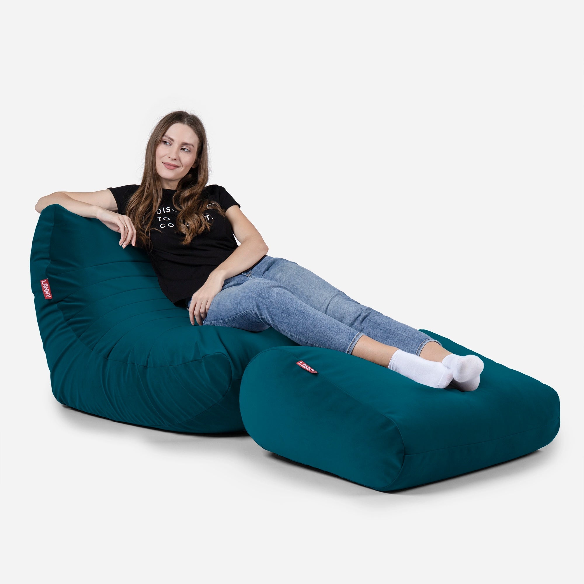 Curvy Velvet Aqua Bean bag Chair & Footrest Set - Lanny Beanbag - Bean Bag Chairs