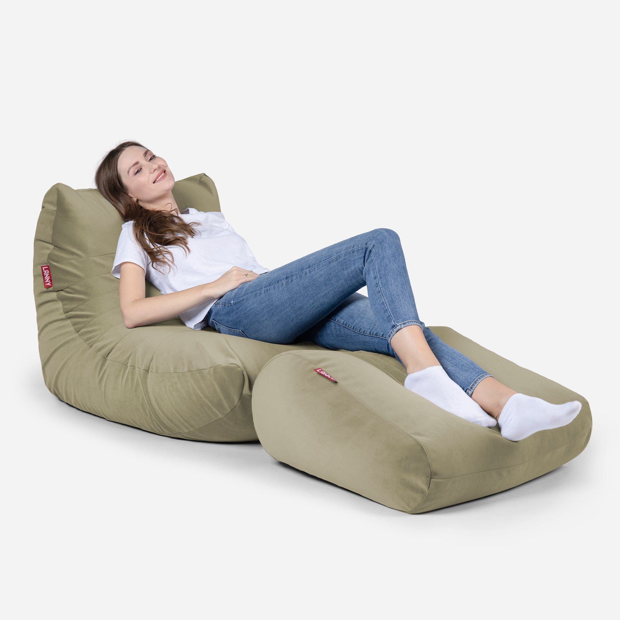 Curvy Velvet Khaki Bean bag Chair & Footrest Set - Lanny Beanbag - Bean Bag Chairs