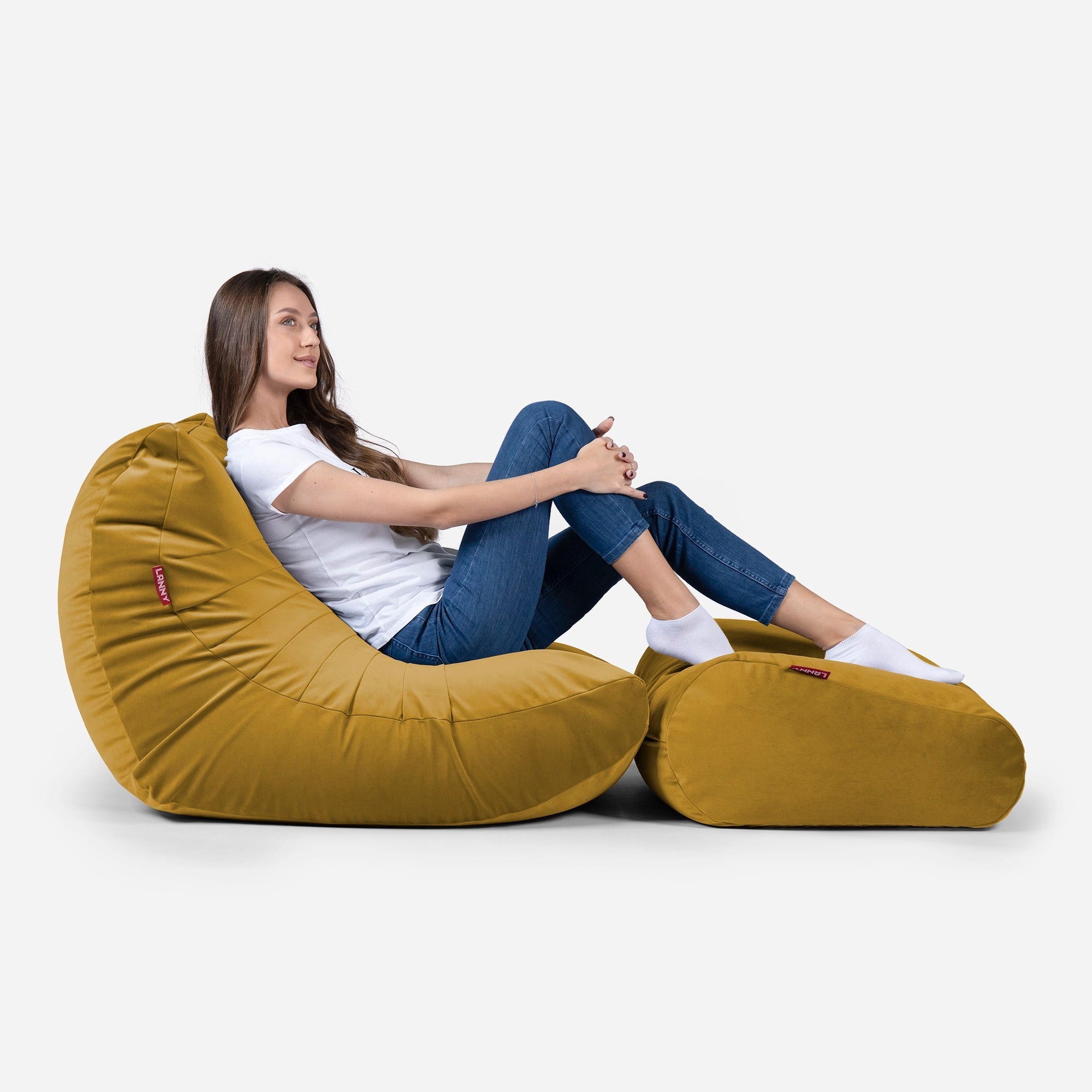 Curvy Velvet Mustard Bean bag Chair & Footrest Set - Lanny Beanbag - Bean Bag Chairs