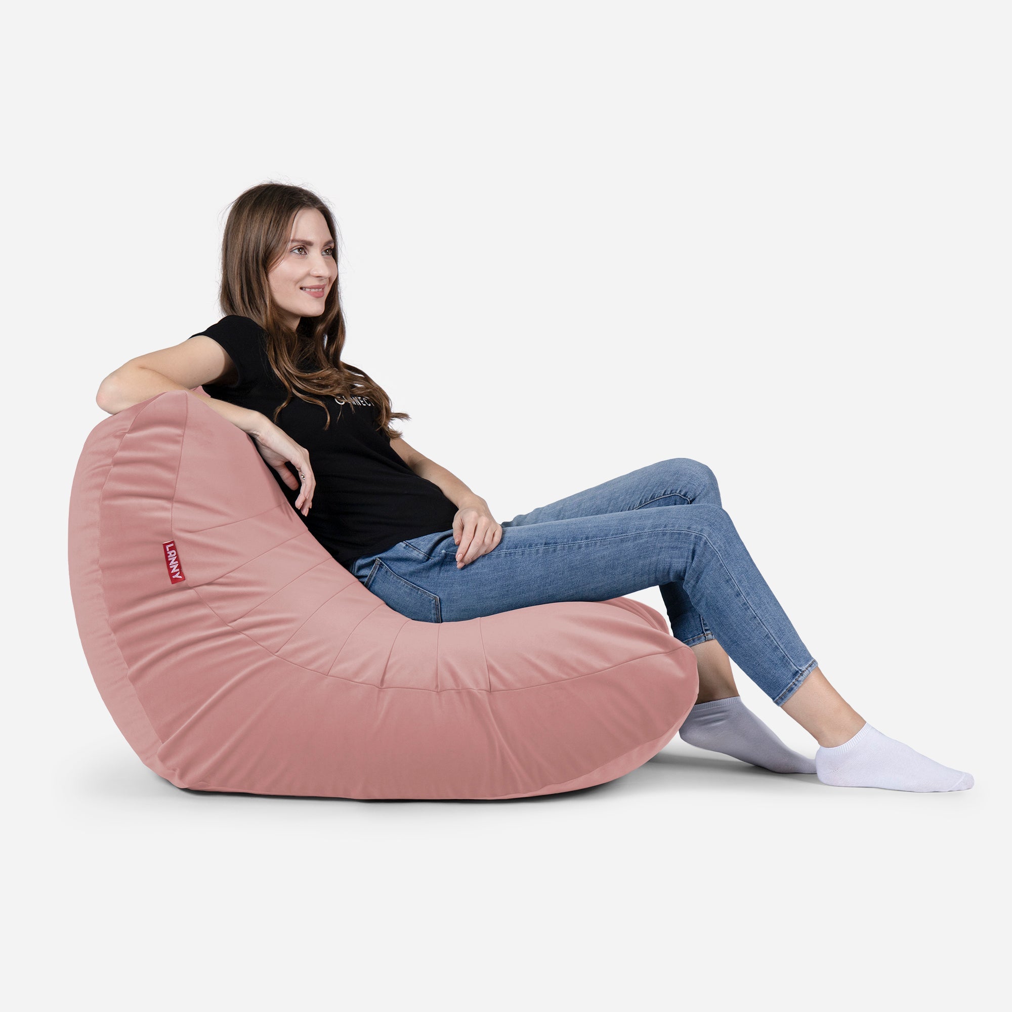 Curvy Velvet Pink Bean bag Chair & Footrest Set - Lanny Beanbag - Bean Bag Chairs