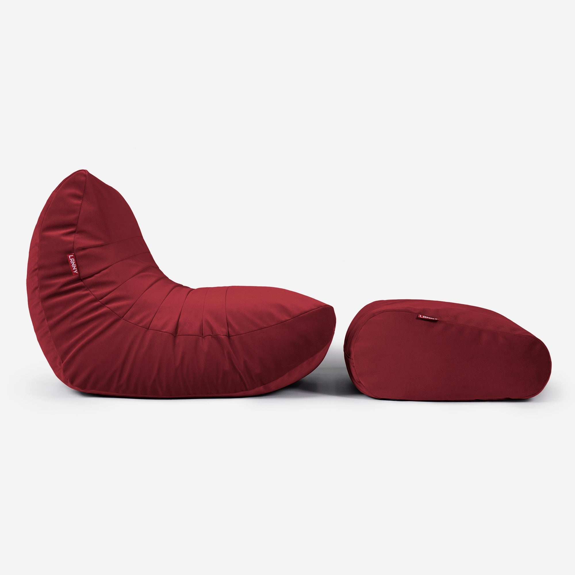Curvy Velvet Red Bean bag Chair & Footrest Set - Lanny Beanbag - Bean Bag Chairs