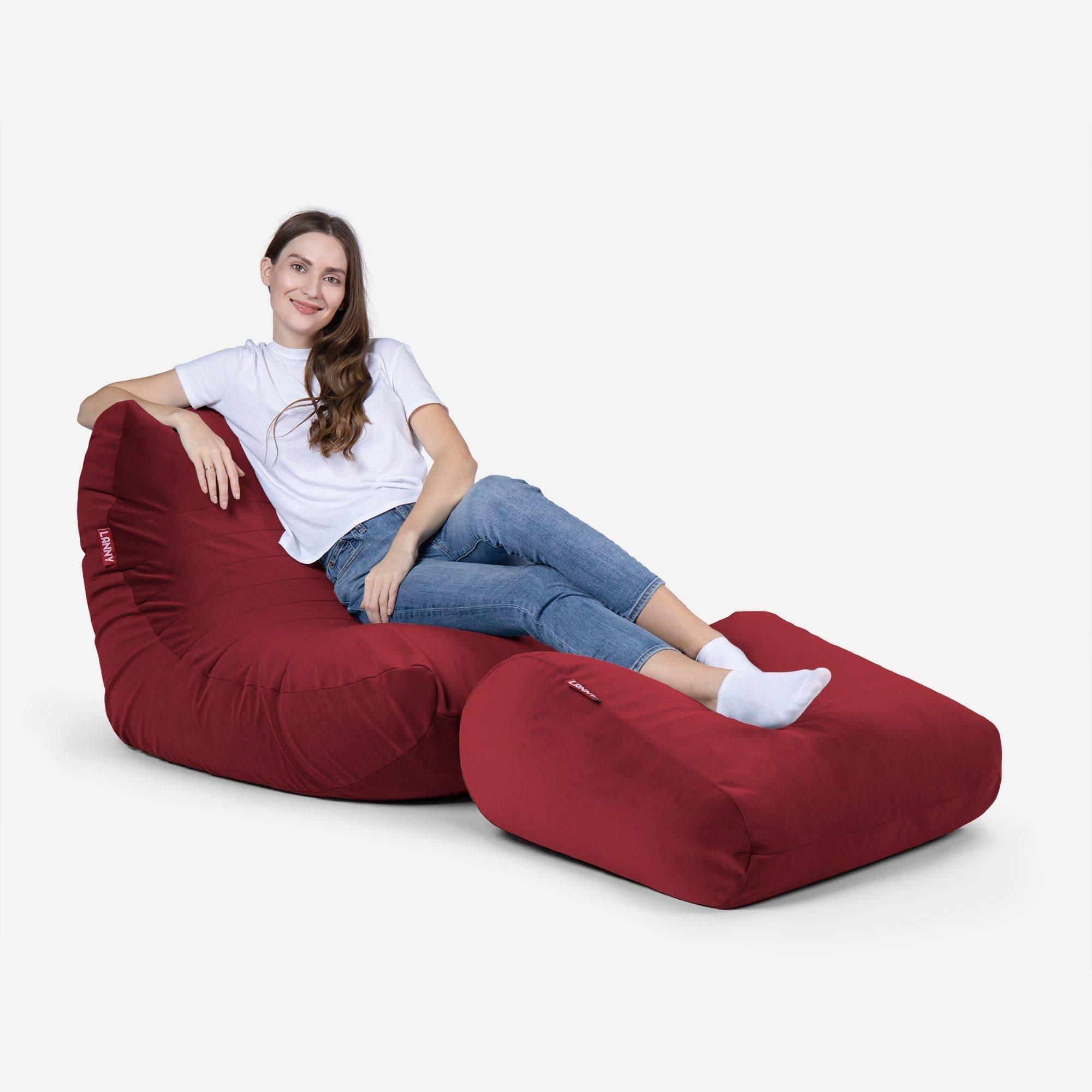 Curvy Velvet Red Bean bag Chair & Footrest Set - Lanny Beanbag - Bean Bag Chairs