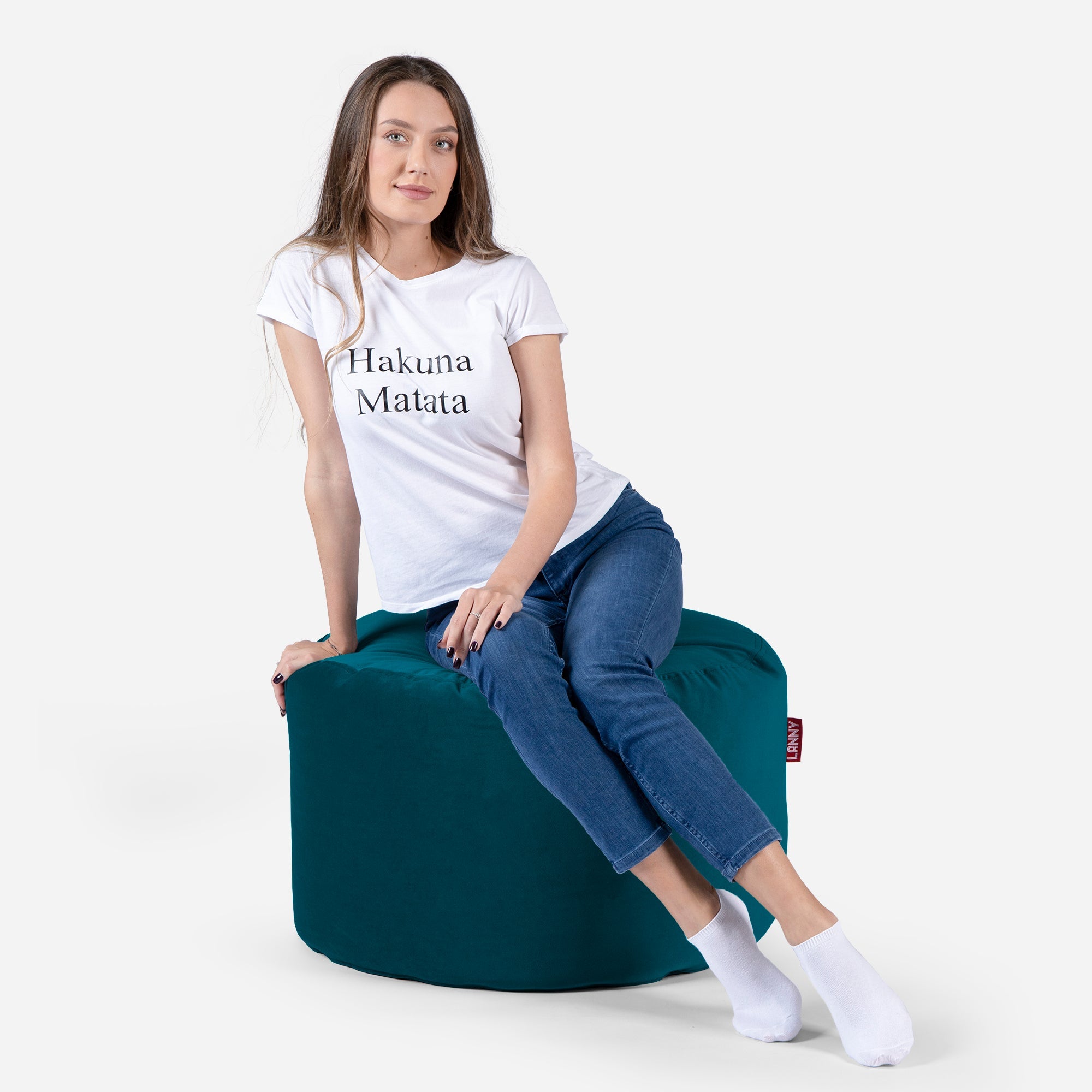 Medium Velvet Aqua Pouf - Lanny Beanbag - Ottomans