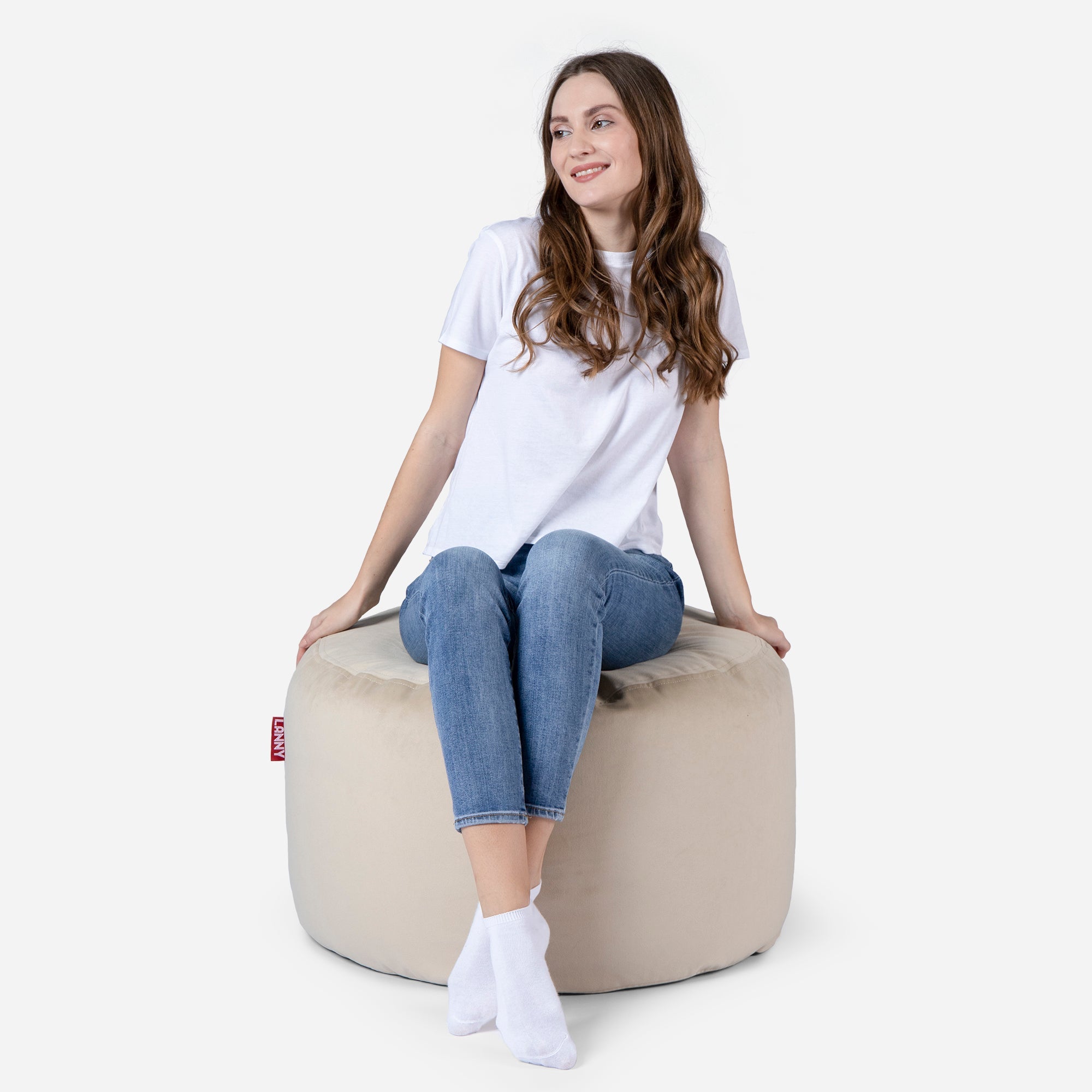 Medium Velvet Beige Pouf - Lanny Beanbag - Ottomans