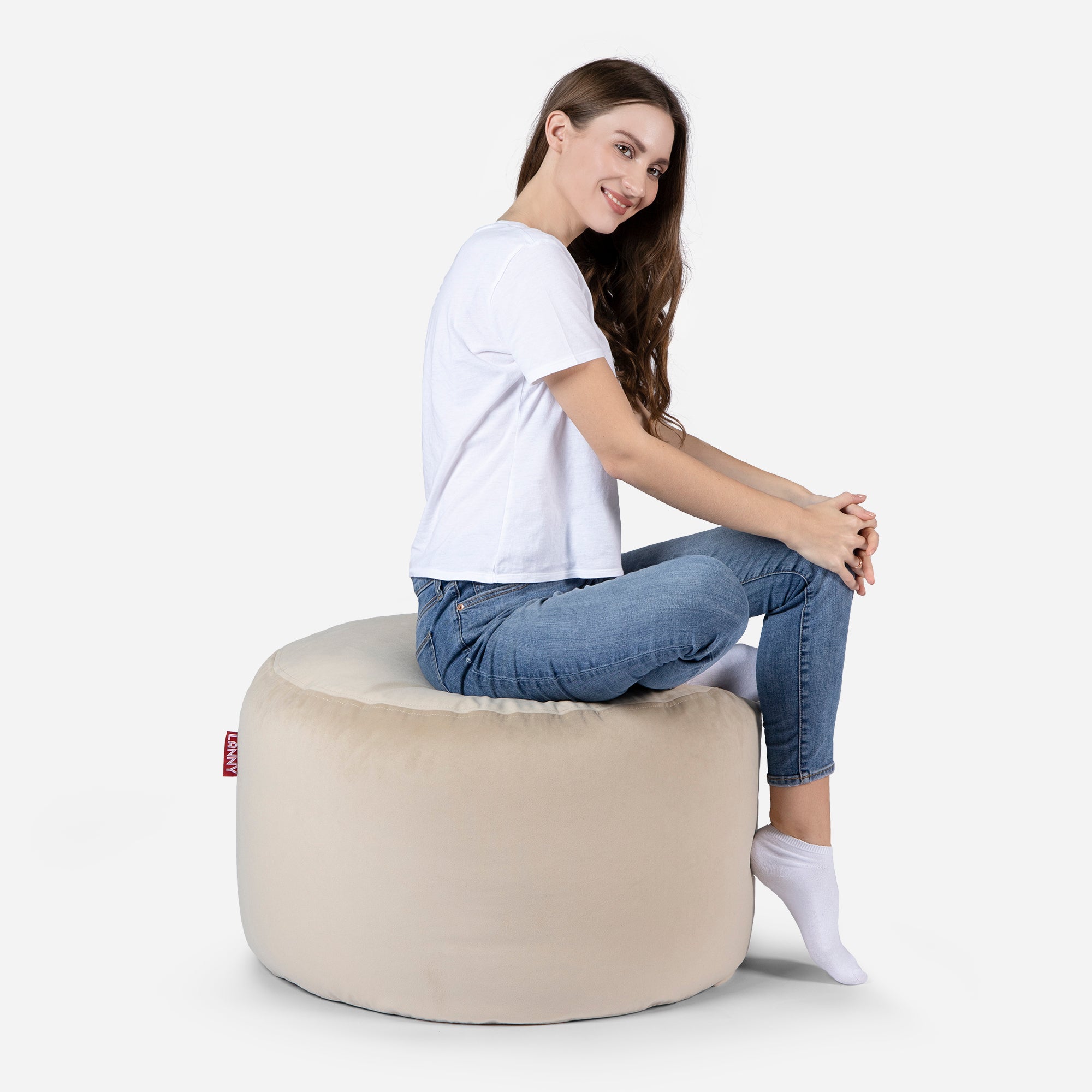 Medium Velvet Beige Pouf - Lanny Beanbag - Ottomans