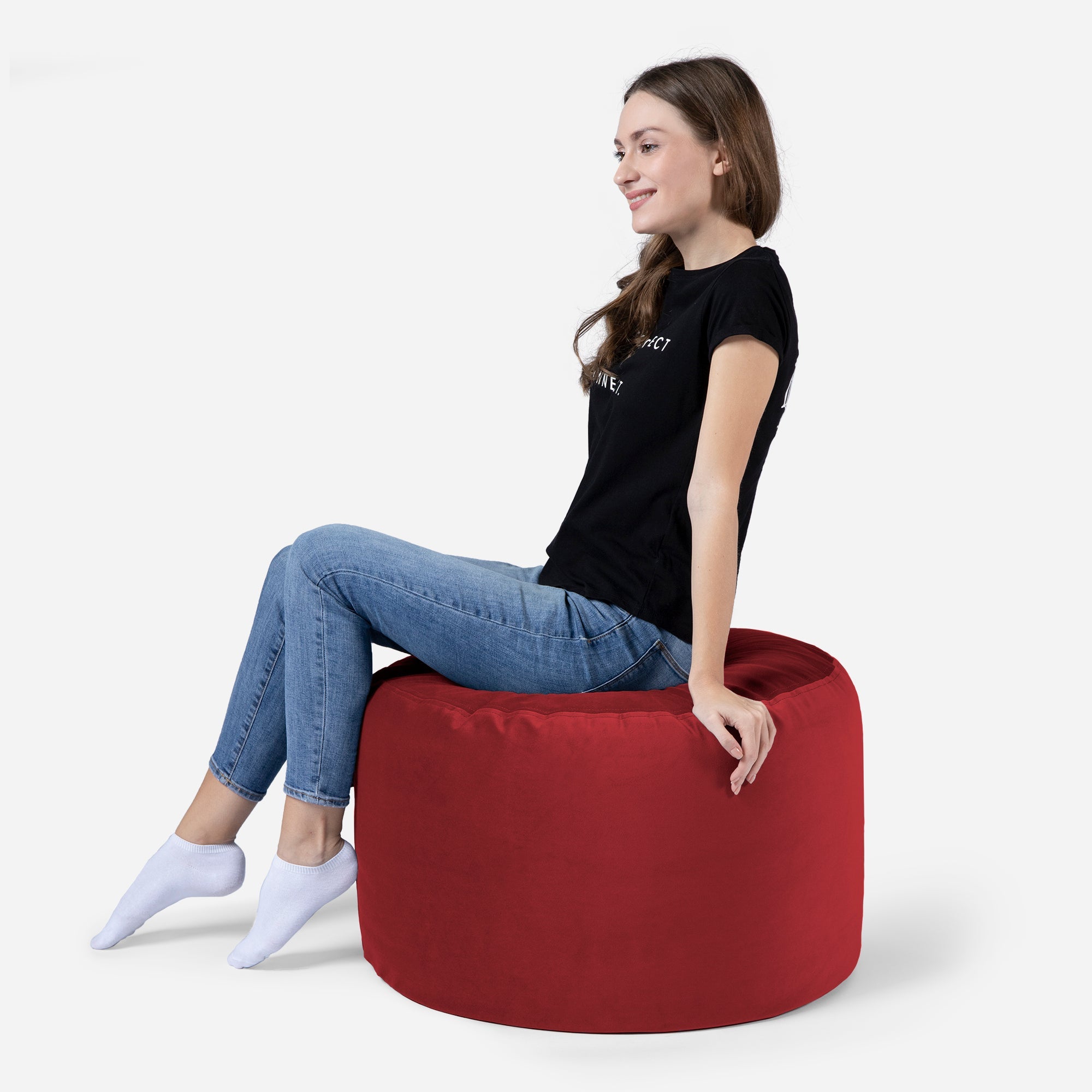 Medium Velvet Red Pouf - Lanny Beanbag - Ottomans