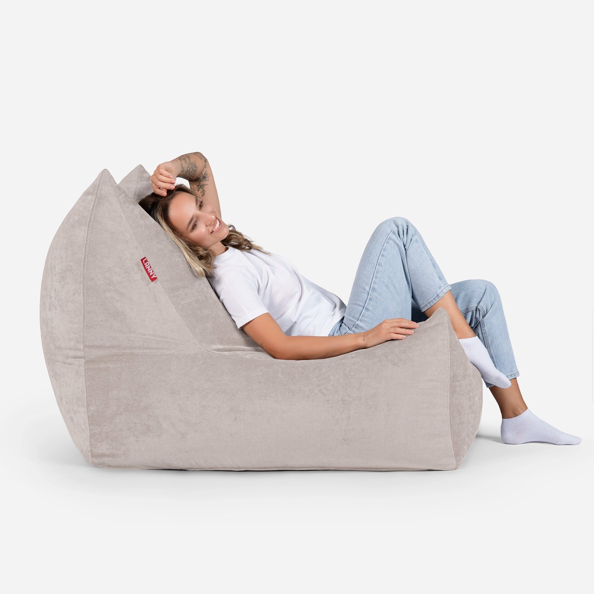 Quadro Aldo Beige Bean bag Chair & Footrest Set - Lanny Beanbag - Bean Bag Chairs