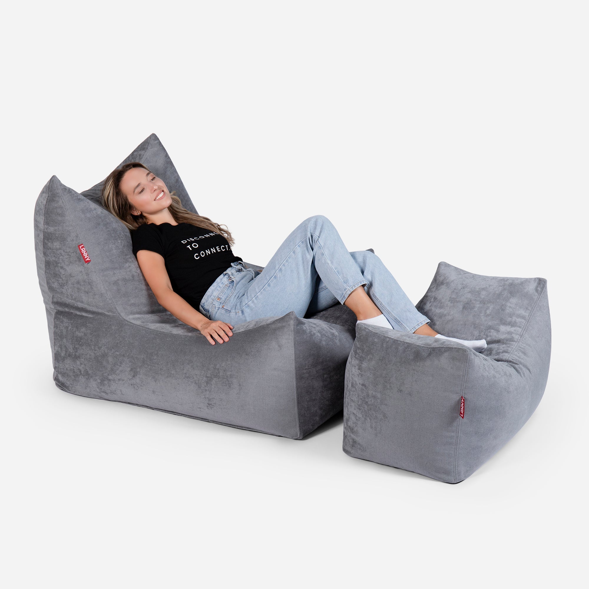 Quadro Aldo Gray Bean bag Chair & Footrest Set - Lanny Beanbag - Bean Bag Chairs