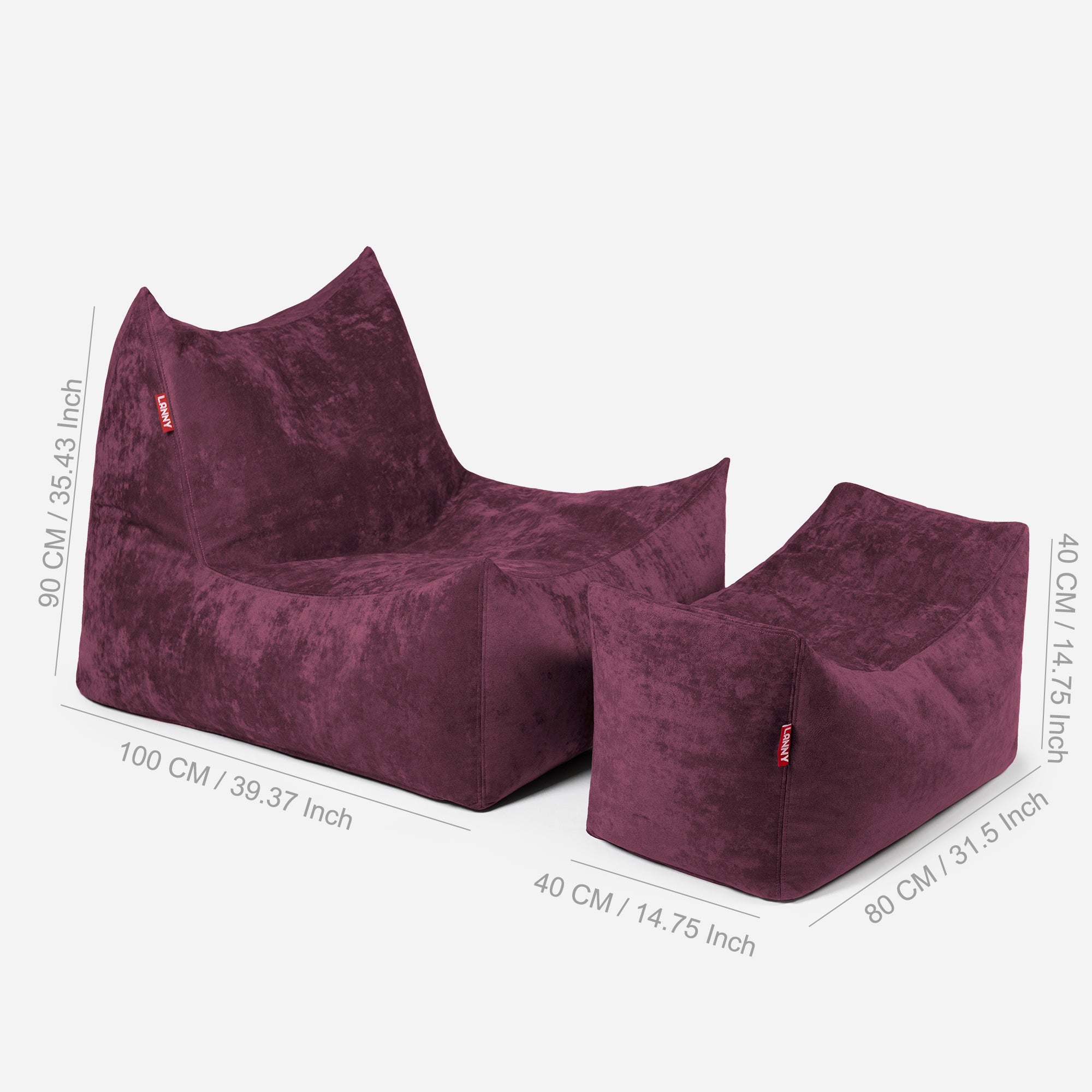 Quadro Aldo Purple Bean bag Chair & Footrest Set - Lanny Beanbag - Bean Bag Chairs