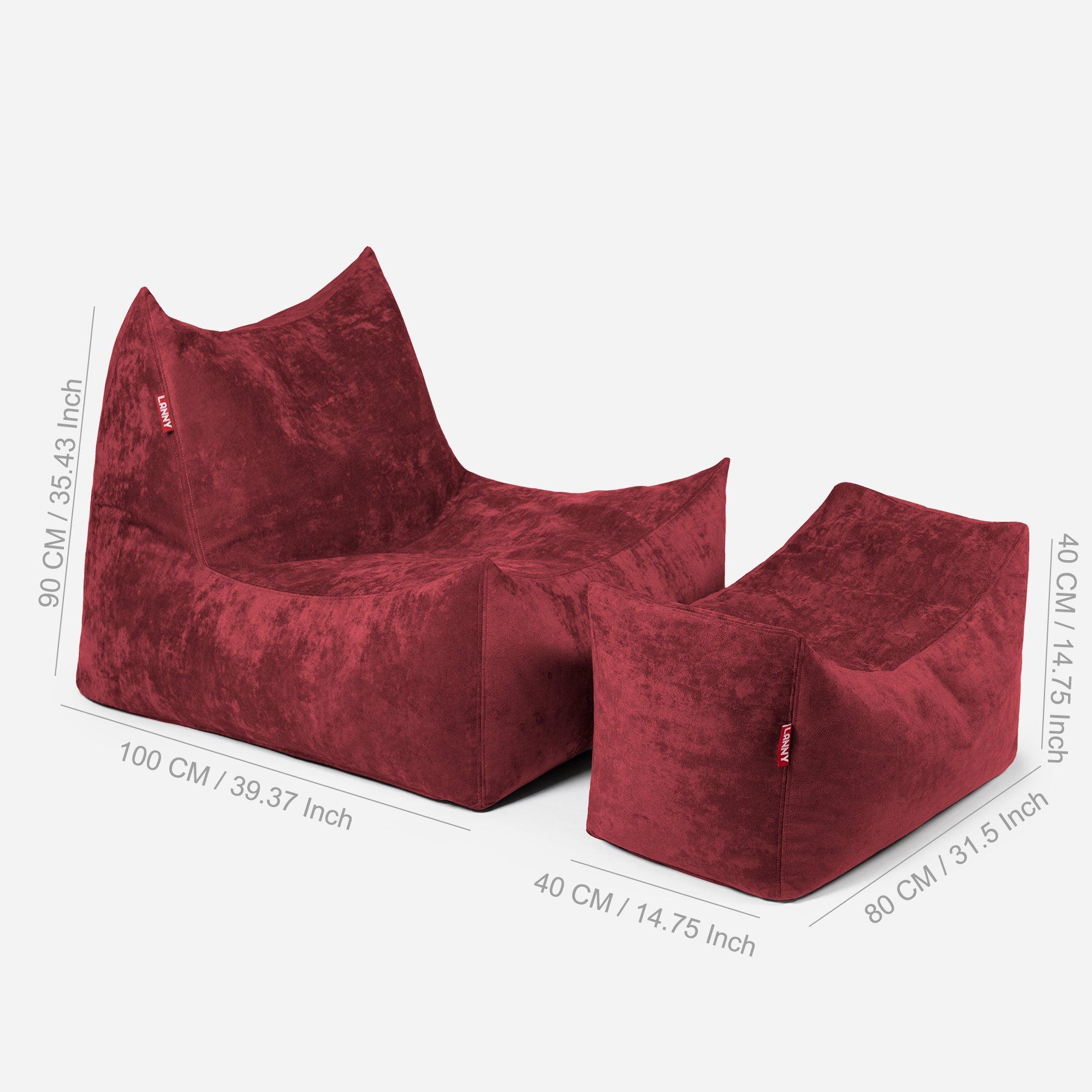Quadro Aldo Red Bean bag Chair & Footrest Set - Lanny Beanbag - Bean Bag Chairs