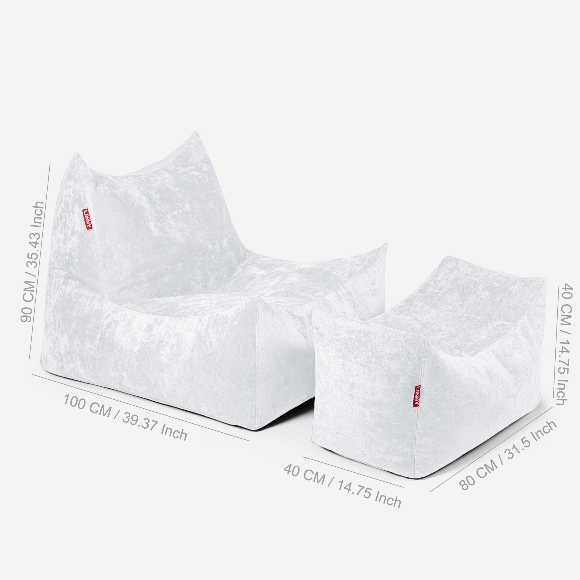 Quadro Aldo White Bean bag Chair & Footrest Set - Lanny Beanbag - Bean Bag Chairs