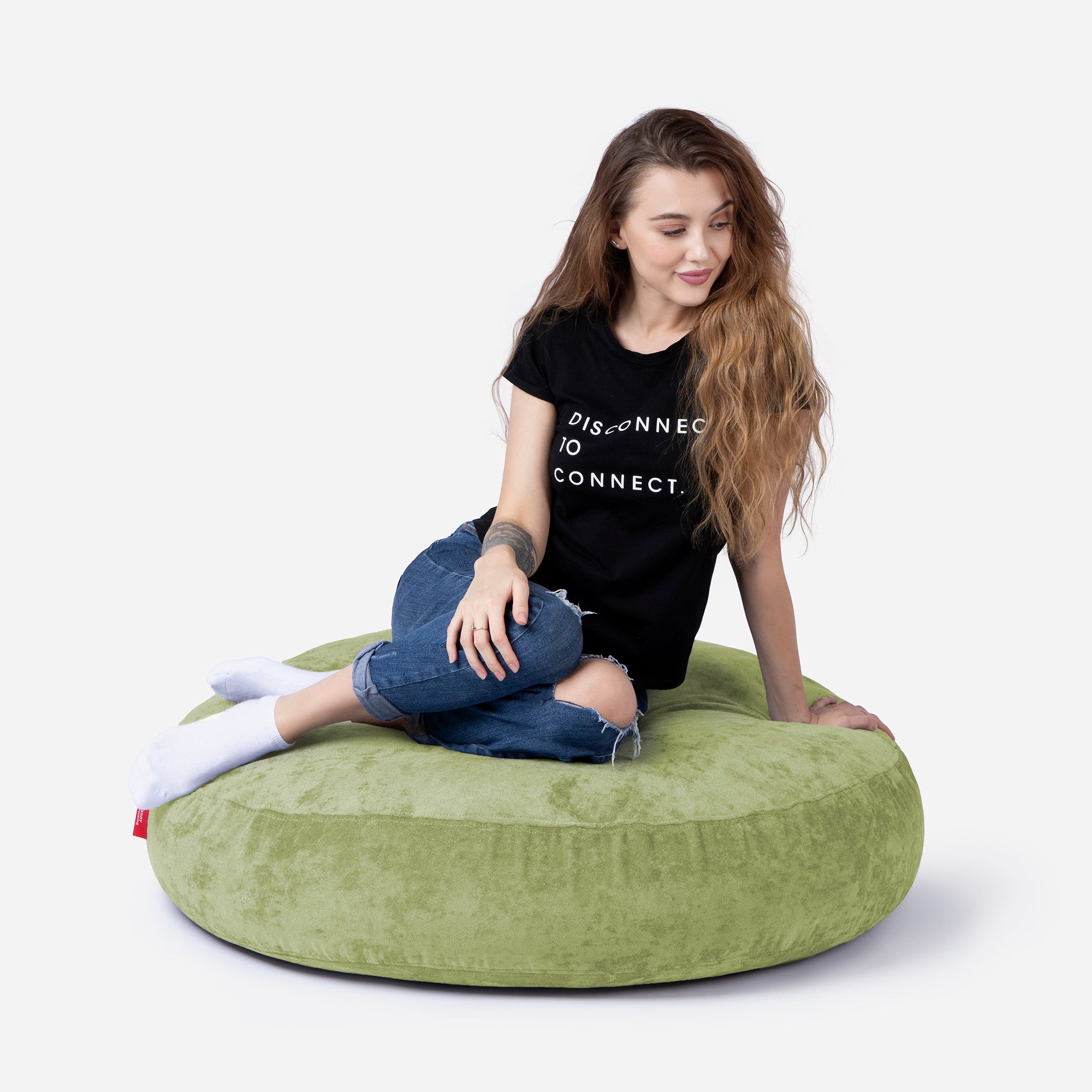 Pouf, Ottoman Lime color by Lanny with girl seating on it 