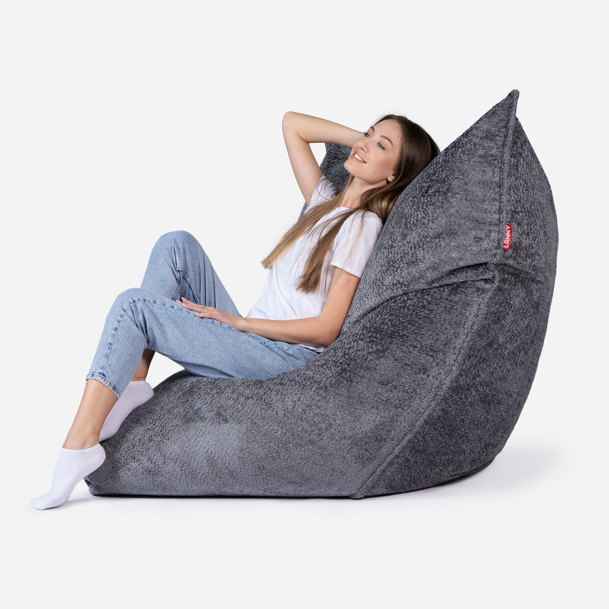 Beanbag Sloppy design fluffy fabric Dark Gray color  with girl seating on it 