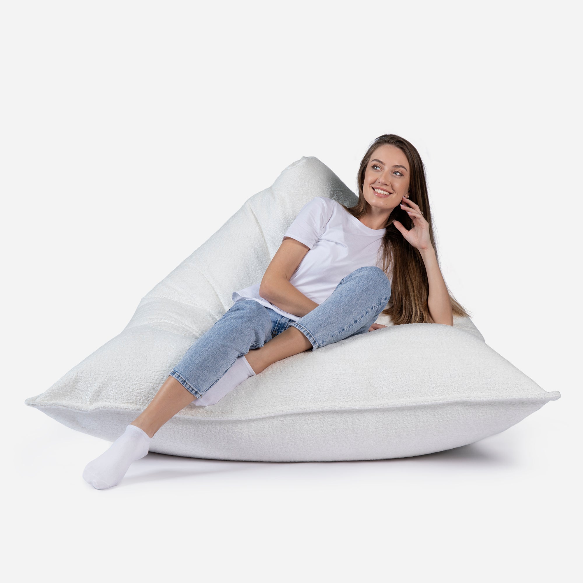 Beanbag Sloppy design fluffy fabric White color  with girl seating on it 