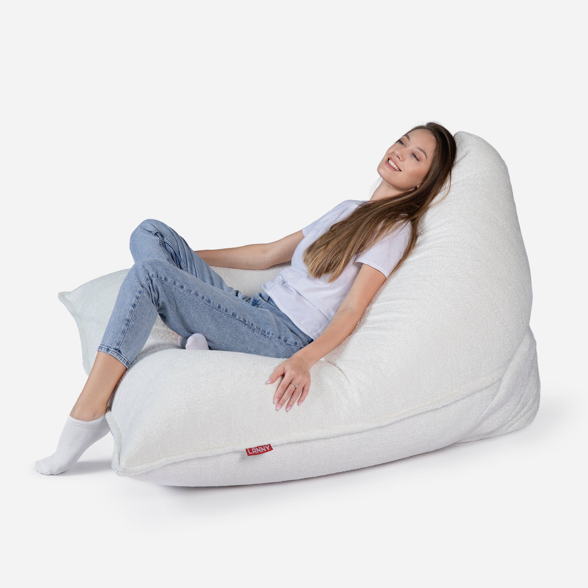 Beanbag Sloppy design fluffy fabric White color  with girl seating on it 