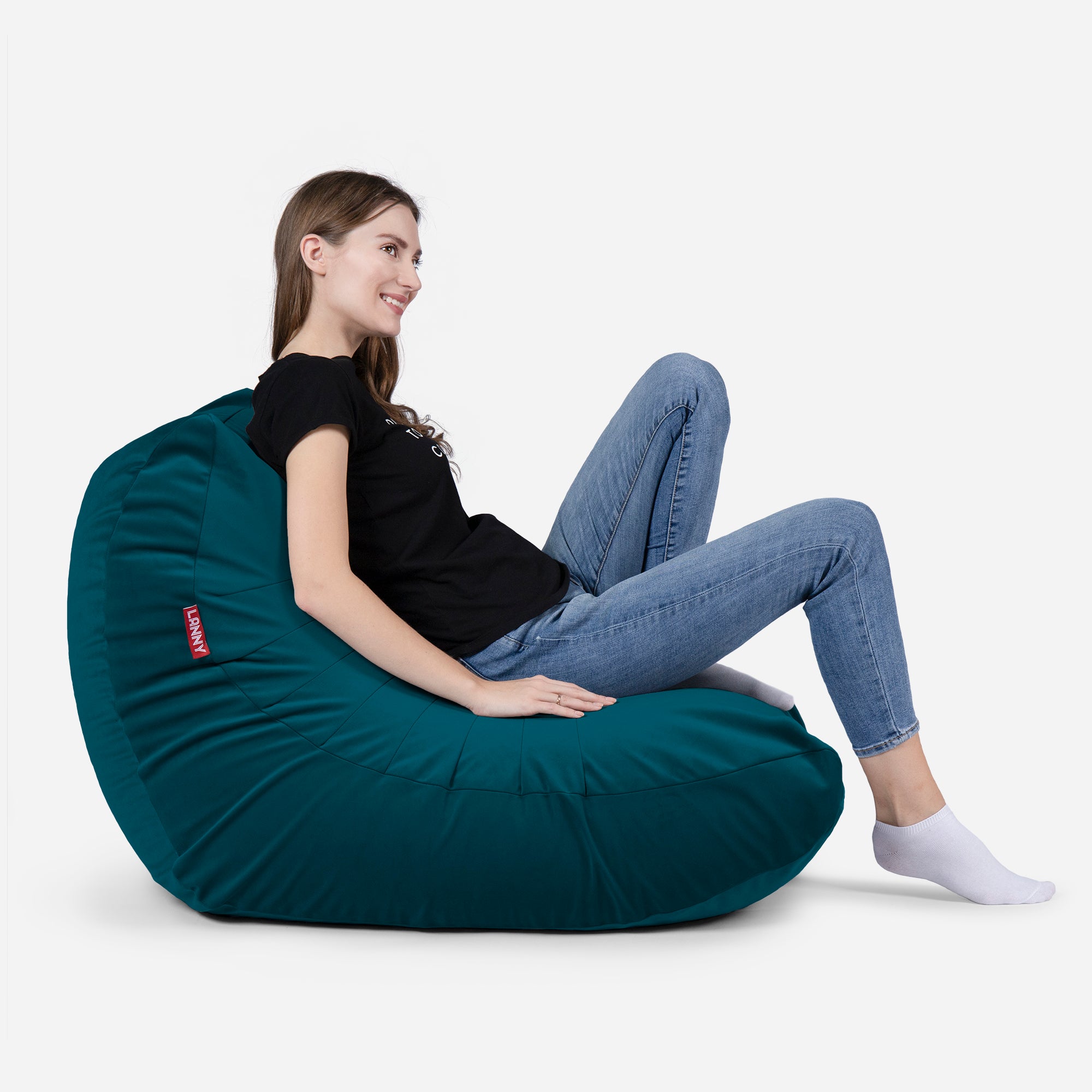 Beanbag Curvy Design aqua color with girl seating on it 