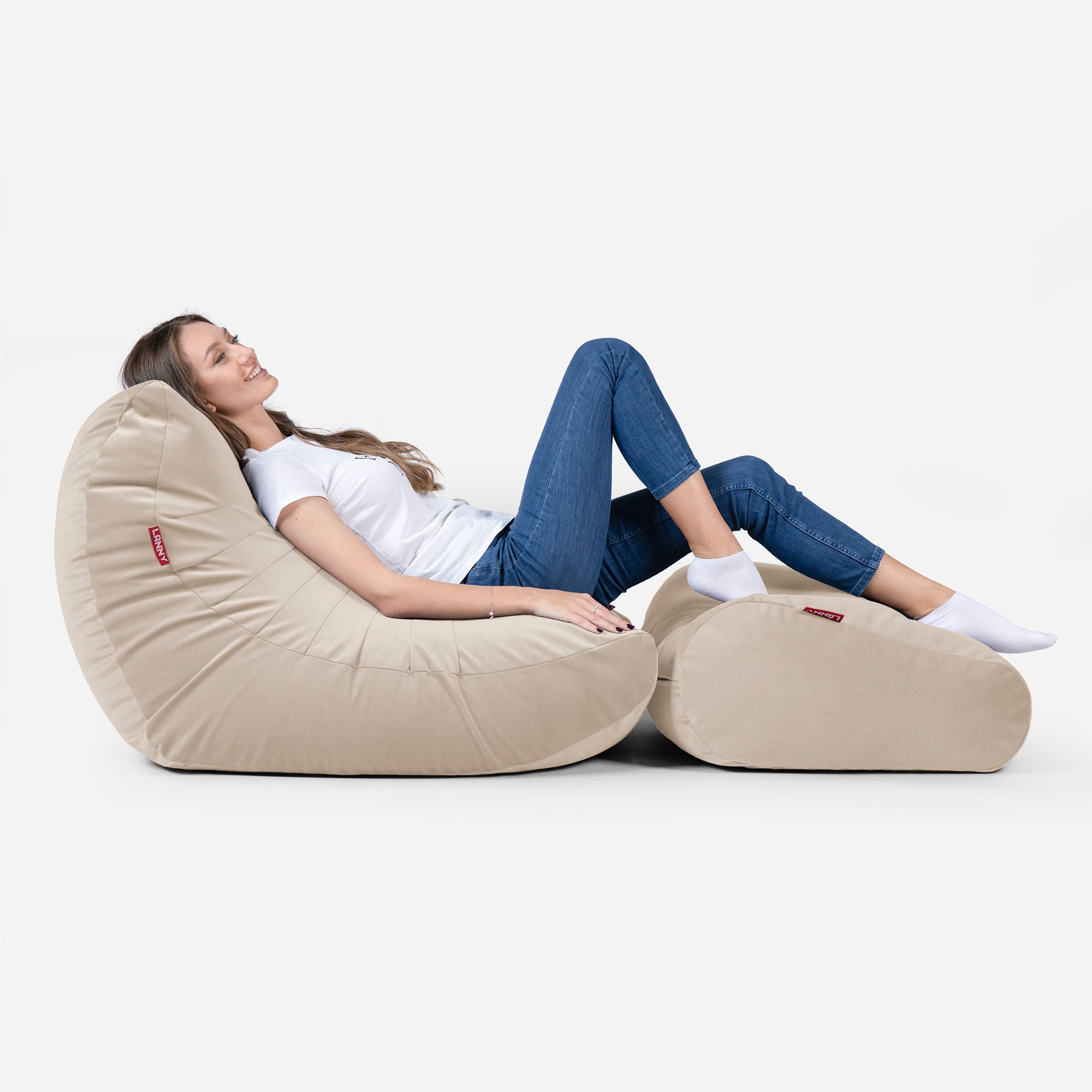 Beanbag Curvy Design Beige color with girl seating on it 