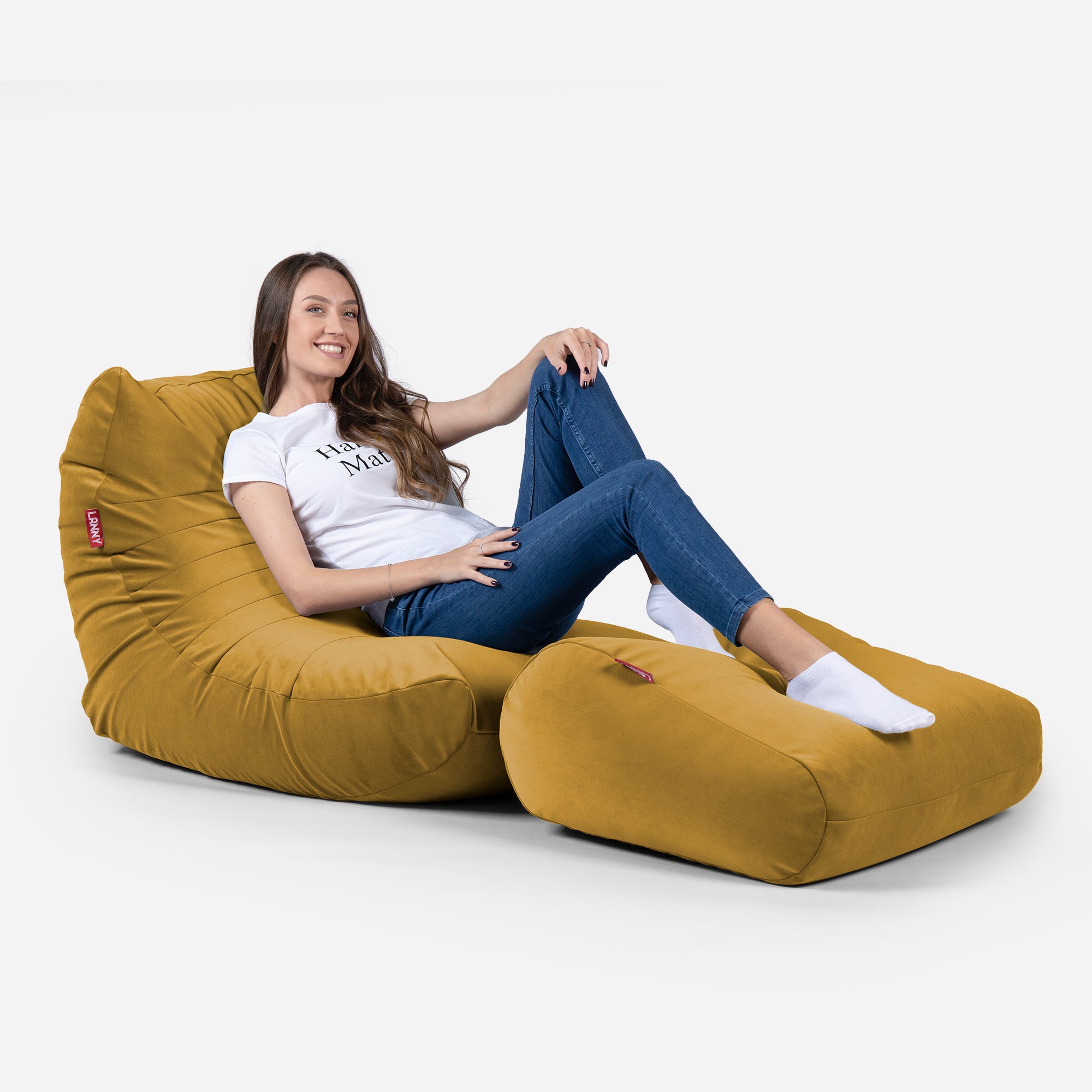 Beanbag Curvy Design Mustard color with girl seating on it