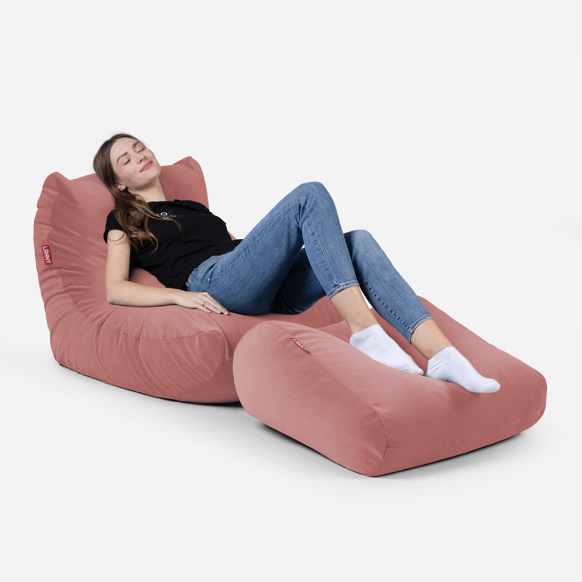 Beanbag Curvy Design Pink color with girl seating on it